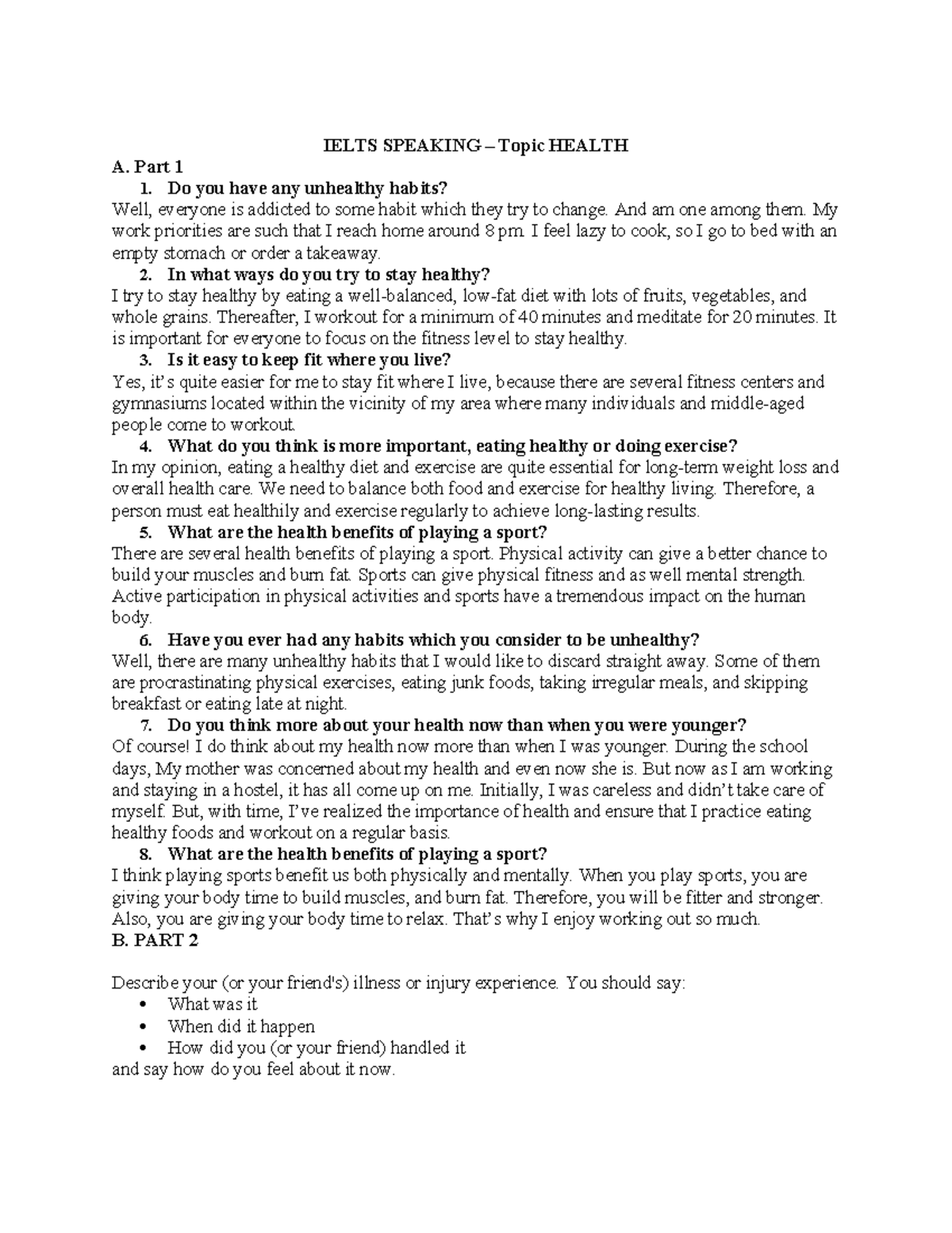 ielts speaking module 4 about health - IELTS SPEAKING – Topic HEALTH A ...