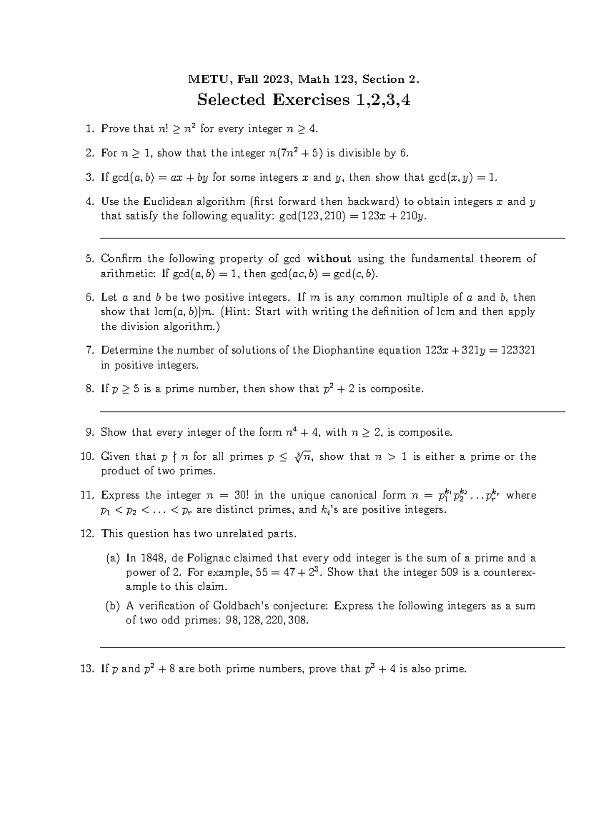 METU, Fall 2023, Math 123, Section 2. Selected Exercises 1-13 - Studocu