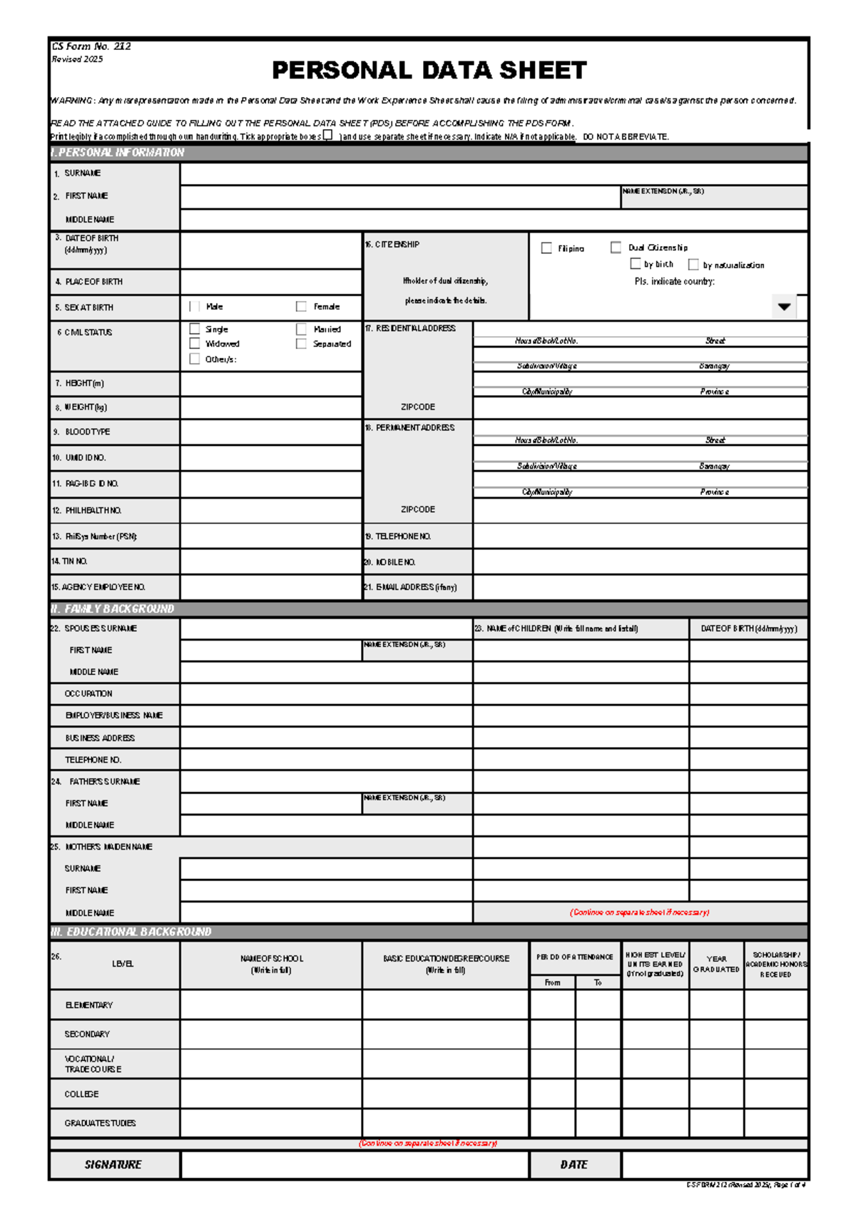 CS Form No. 212: Personal Data Sheet Guidelines (Revised 2025) - Studocu