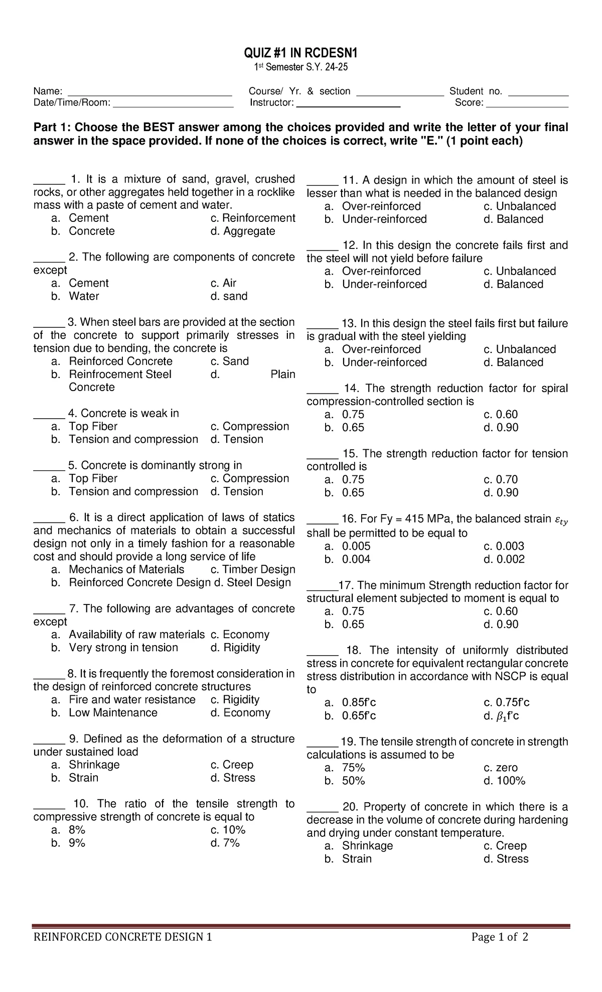 RCDESN 1 - Quiz 3: Exam Questions & Design Problems Overview - Studocu