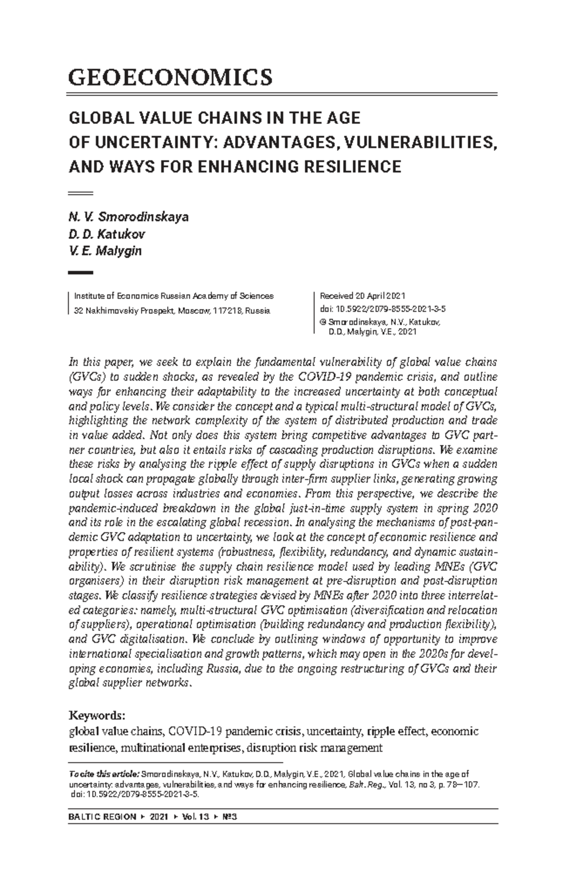 GEOE 2021: Global Value Chains - Resilience Strategies in Uncertain ...