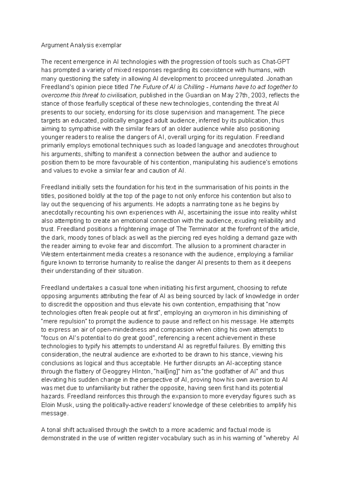 Argument Analysis Exemplar: The Chilling Future of AI - Studocu