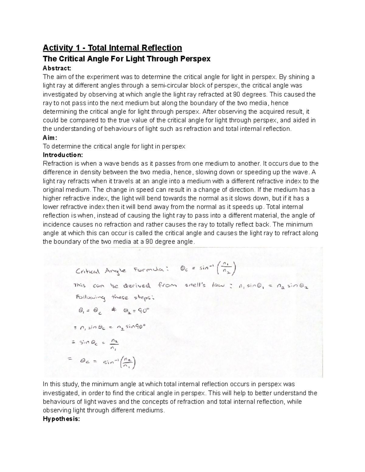 Activity 1 - Total Internal Reflection - Activity 1 - Total Internal ...