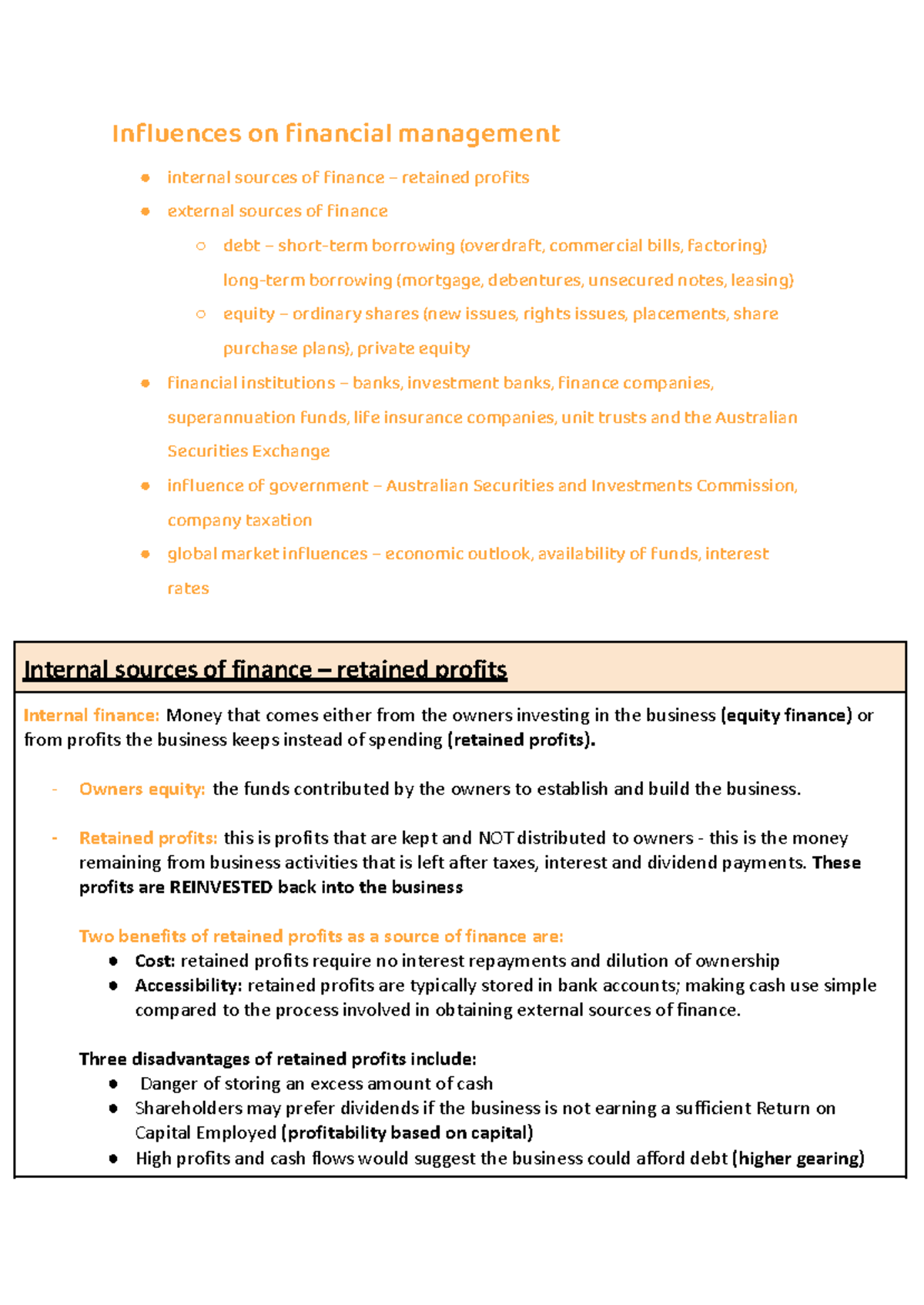 Finance HSC Notes: Internal & External Sources of Finance - Studocu