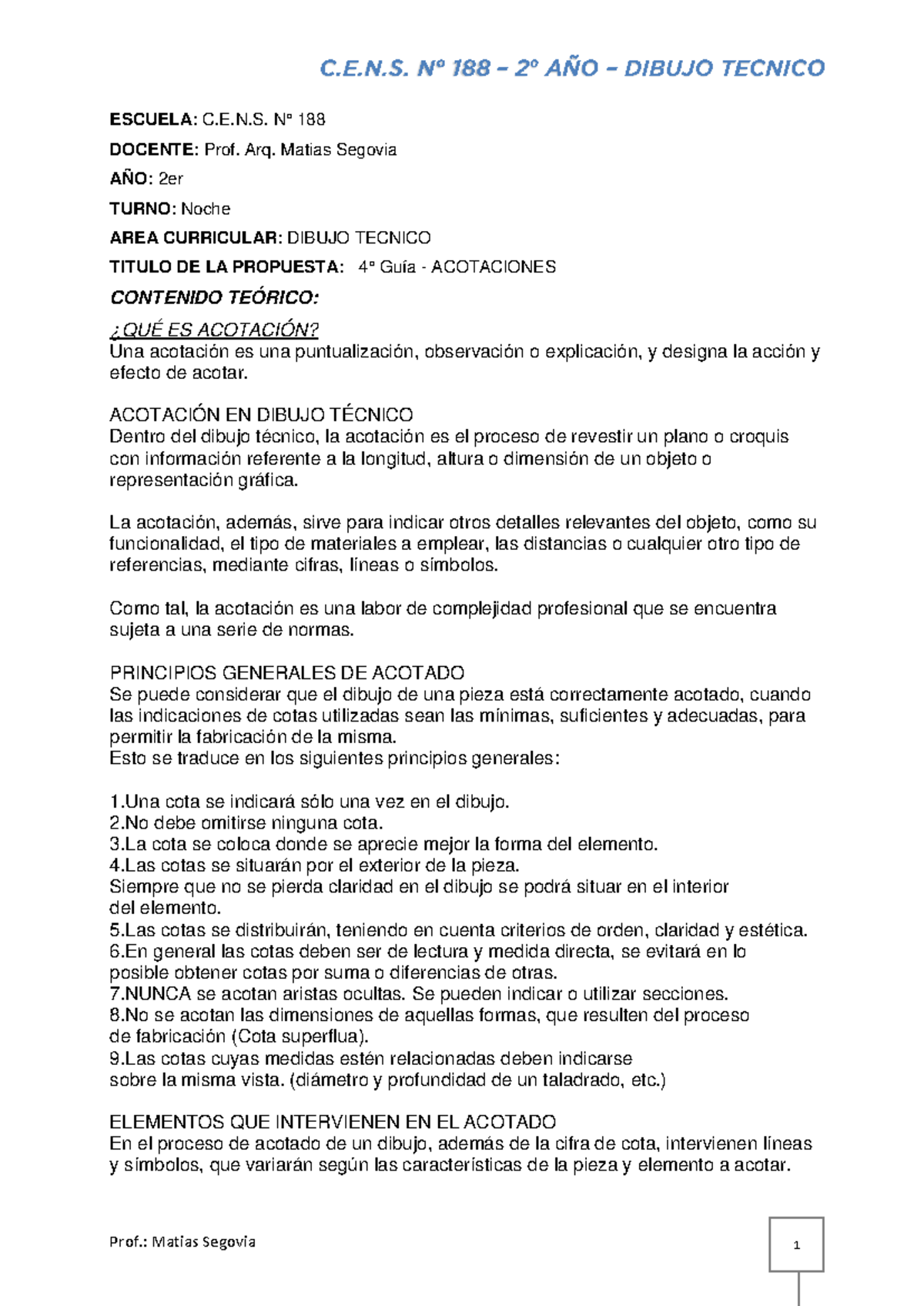 Guía de Acotaciones en Dibujo Técnico - CENS 188 2° Año - Document Preview