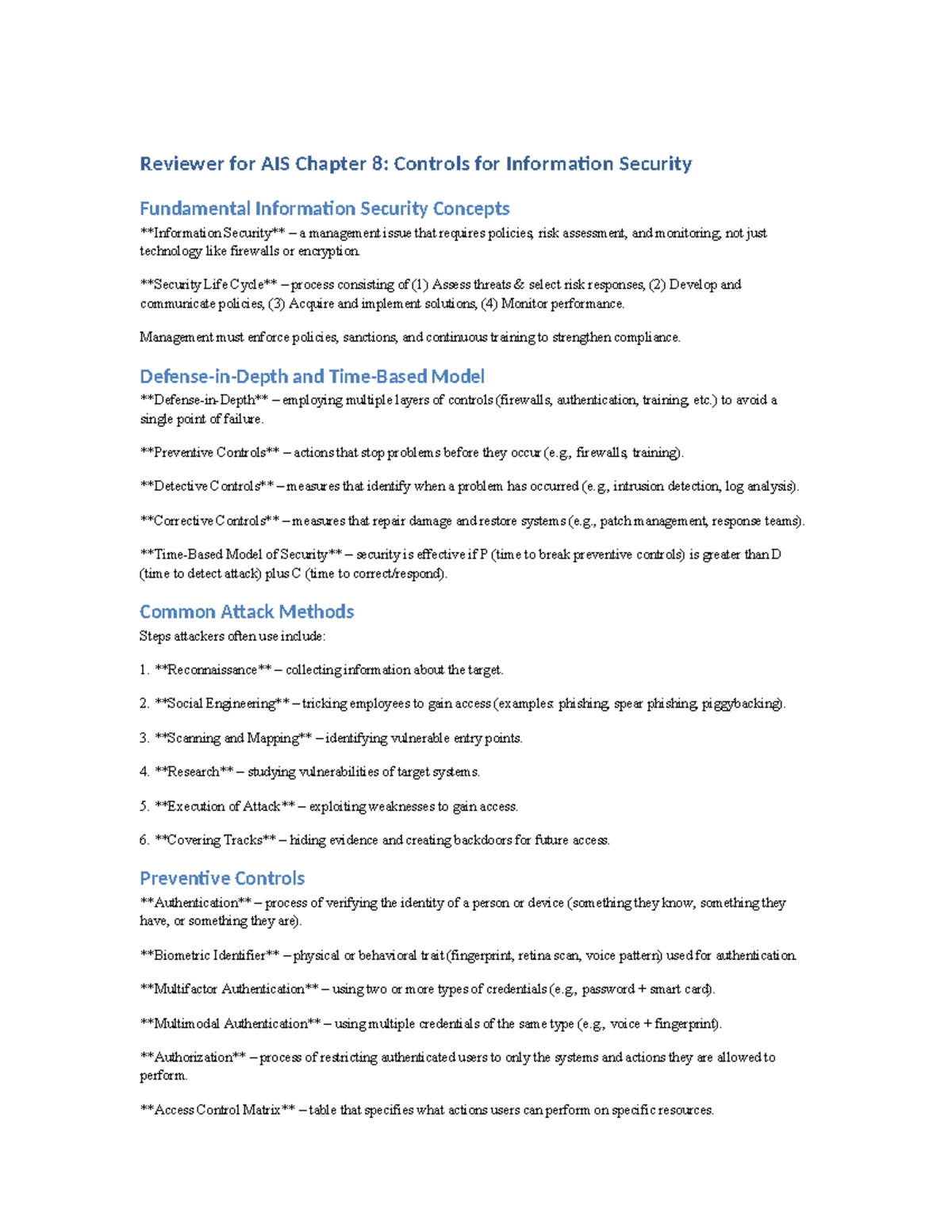 AIS CH8 Reviewer: Controls for Information Security Fundamentals - Studocu