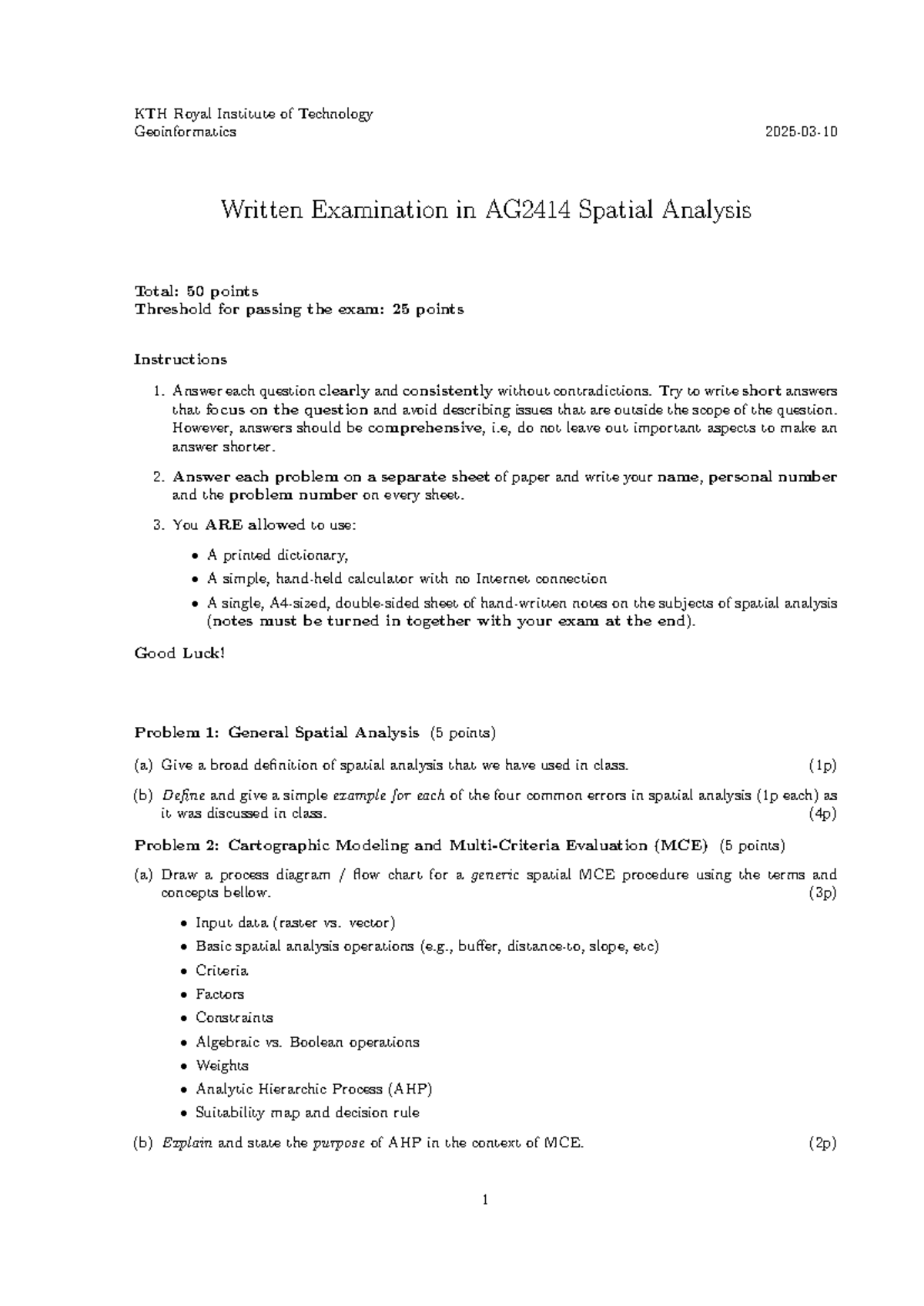 AG2414 Final Exam: Spatial Analysis Written Examination Guide - Studocu