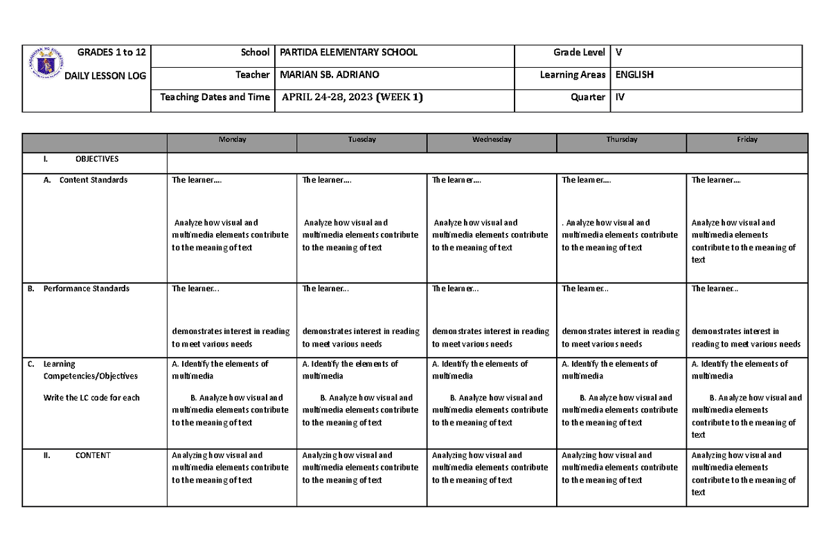 Grade 5 DLL English 5 Q4 Week 1 - GRADES 1 to 12 DAILY LESSON LOG ...