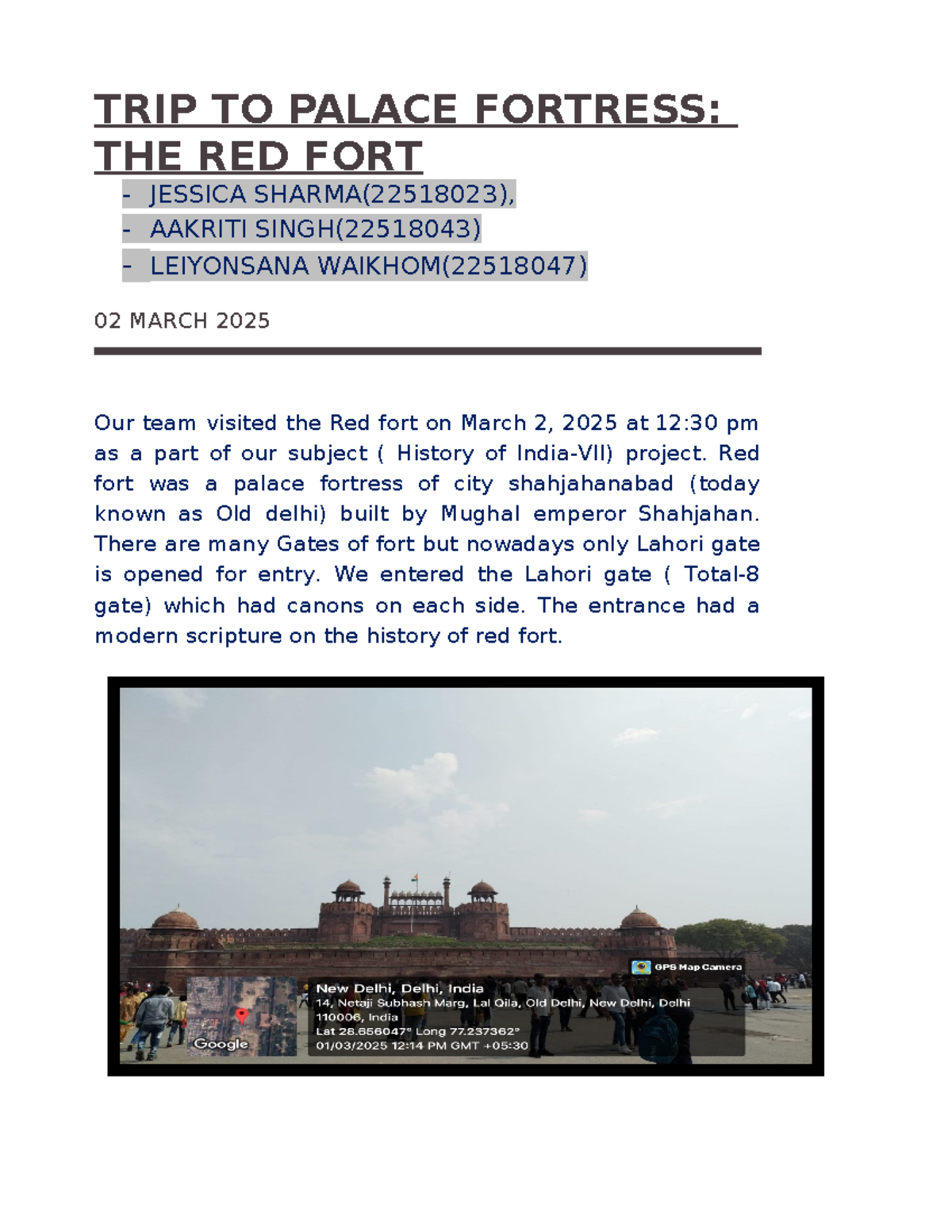 Report on the Red Fort Visit: History & Architecture Insights (HIST ...