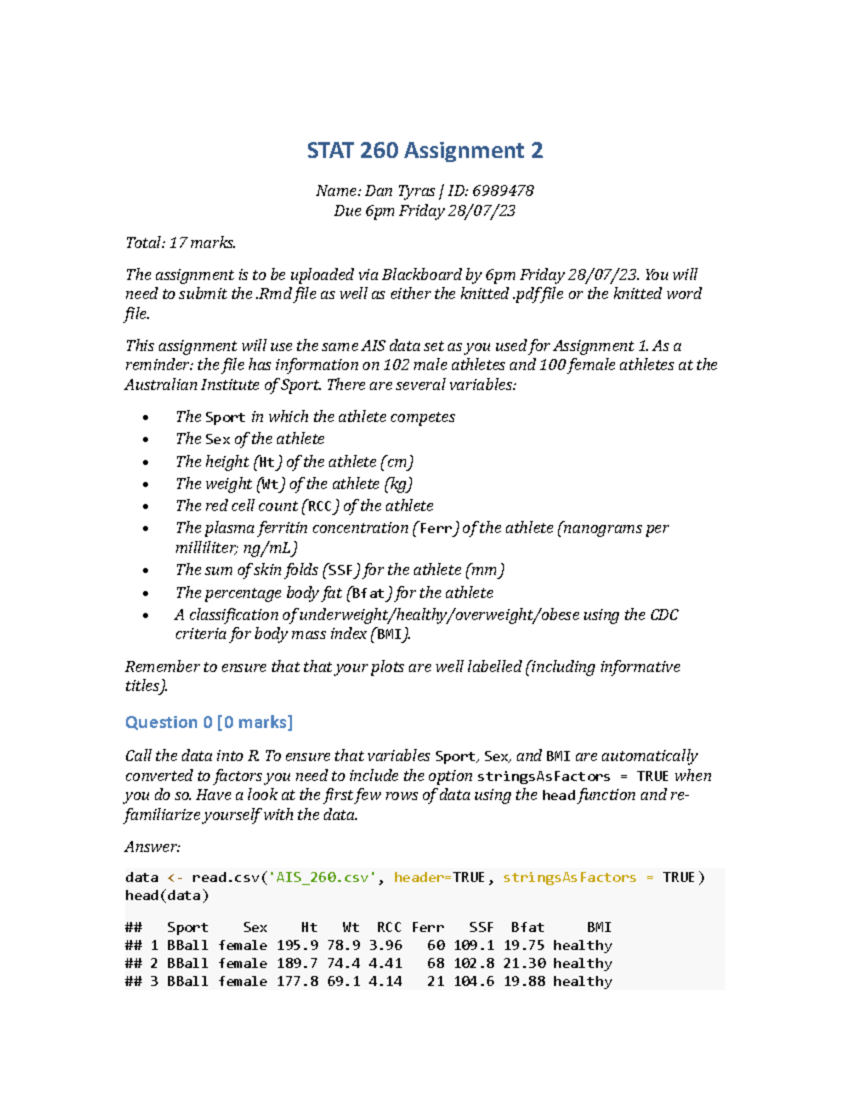 STAT 260 Assignment 2: R Code & Analysis on Athlete Data - Studocu