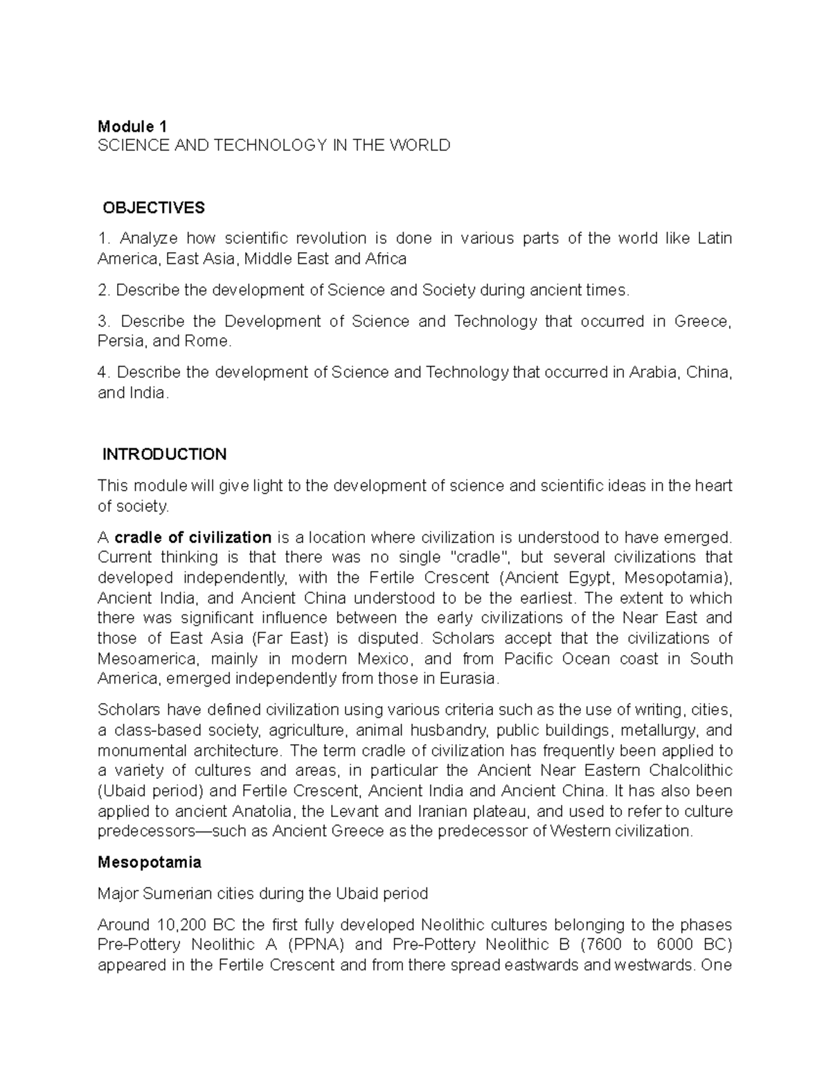 STS-Module 1: Development of Science & Technology Across Civilizations ...