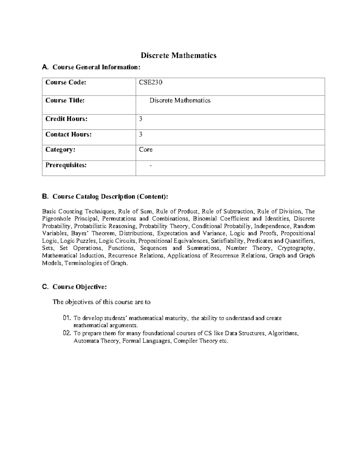 CSE230 Course Outline - Farhan Feroz - Discrete Mathematics A. Course ...