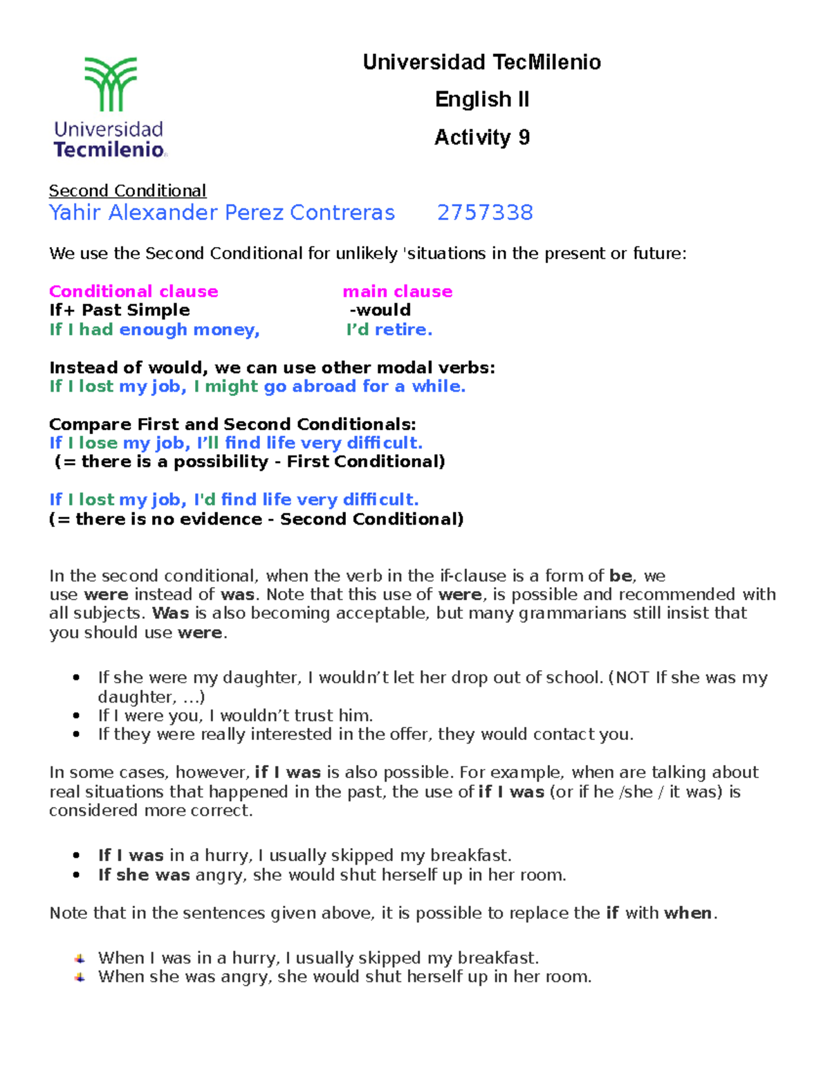 Ingles 2 Act 9 - Universidad TecMilenio English II Activity 9 Second ...