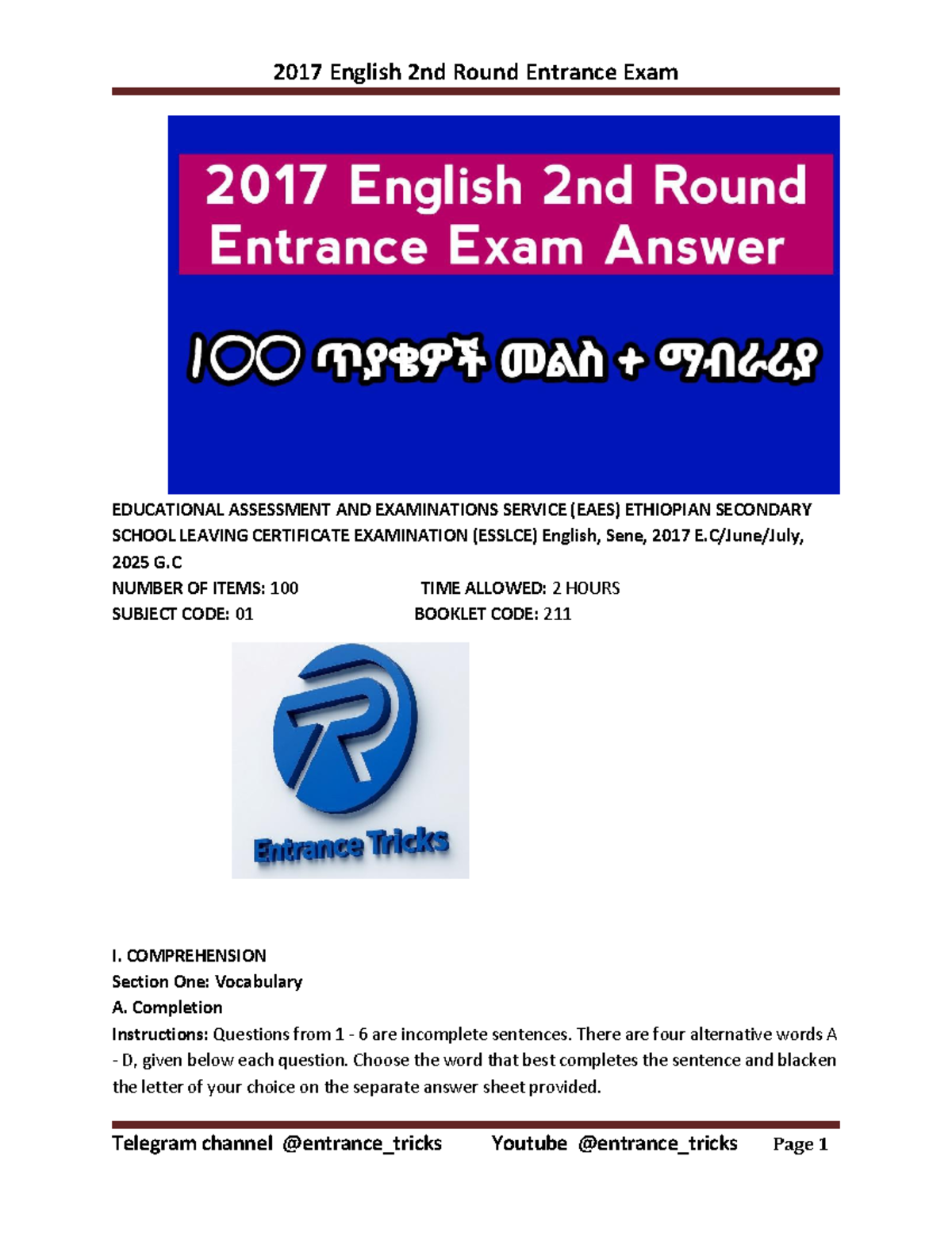 2017 English 2nd Round Entrance Exam Questions and Answers - Studocu