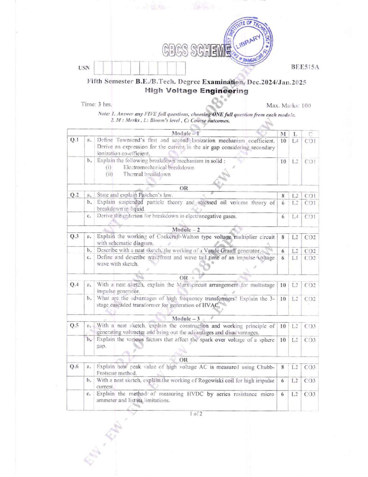 High Voltage Engineering Exam QP11943 - BEE515A 5th Sem - Studocu