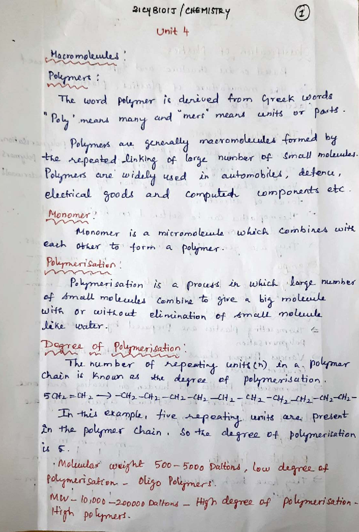 21CYB101J Unit 4: Macromolecules and Polymers Overview - Studocu