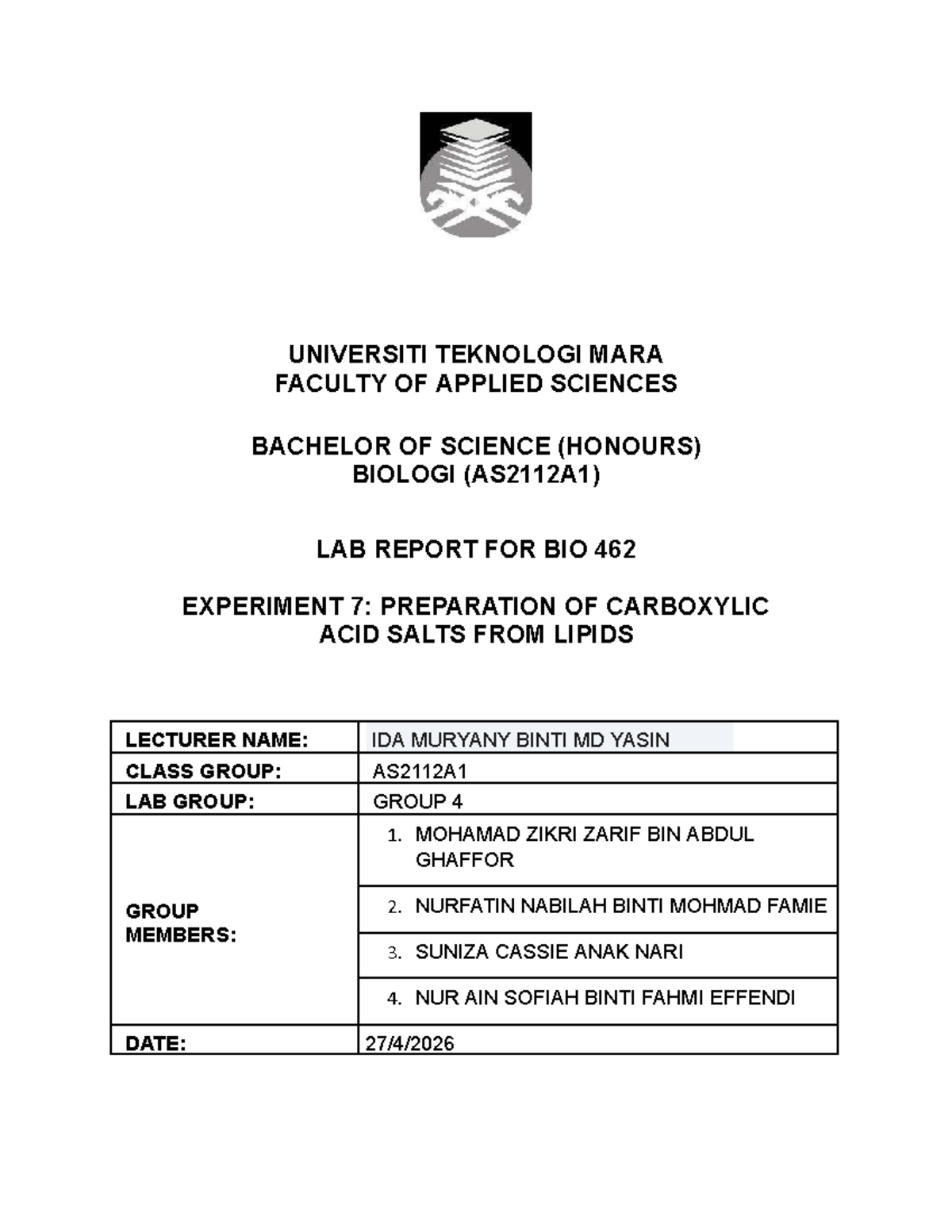 LAB REPORT: BIO 462 EXPERIMENT 7 - CARBOXYLIC ACID SALTS FROM LIPIDS ...