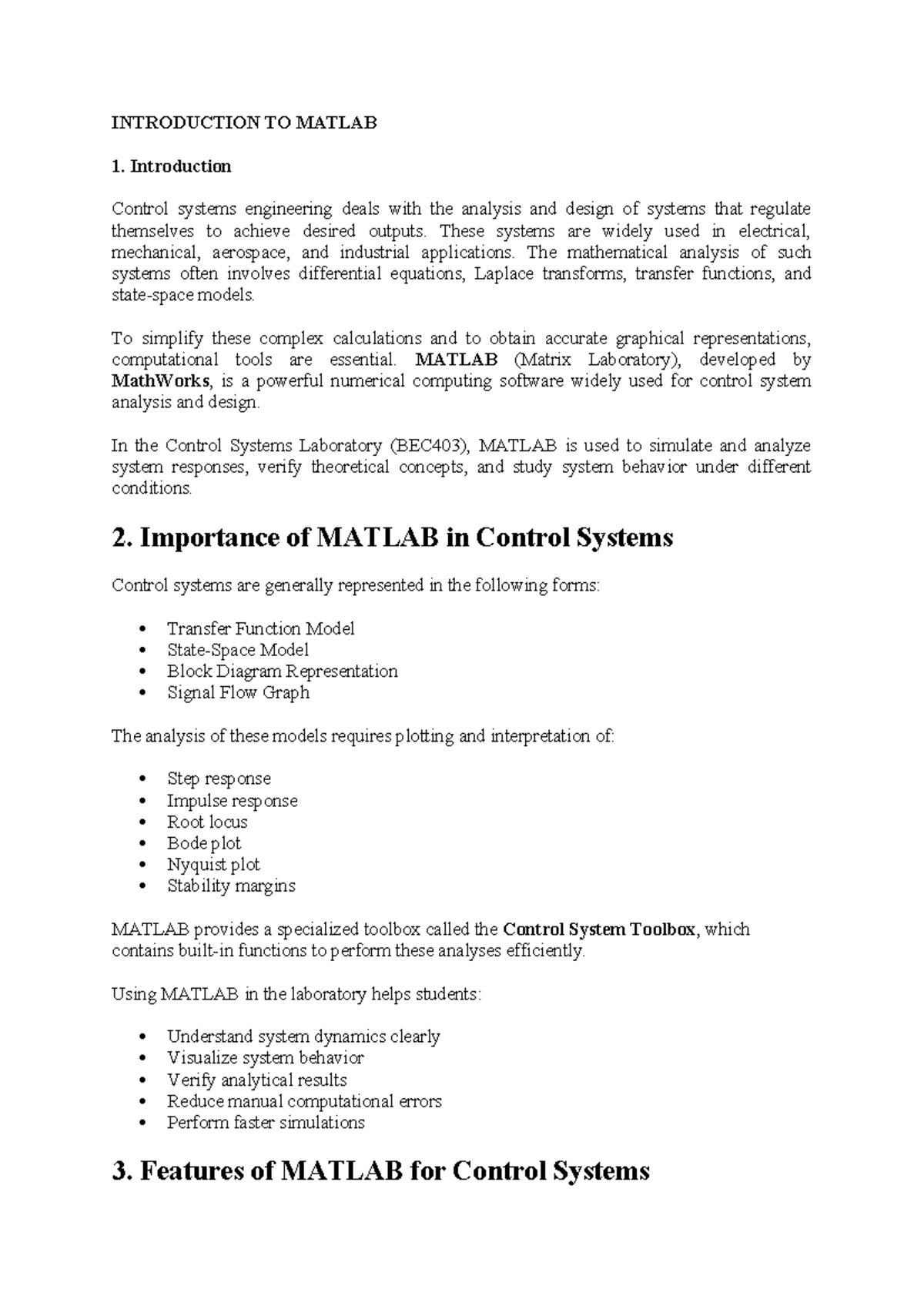 BEC403: Introduction to MATLAB for Control Systems Analysis - Studocu