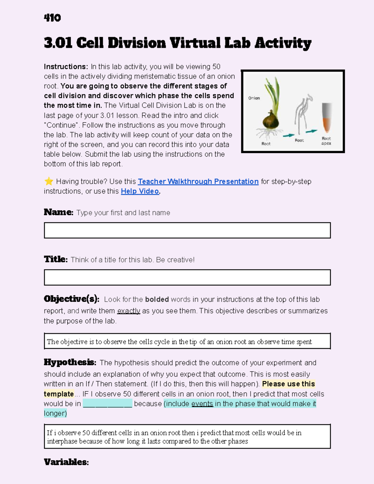 410 3.01 Cell Division Lab Report: Observing Onion Root Cells - Studocu