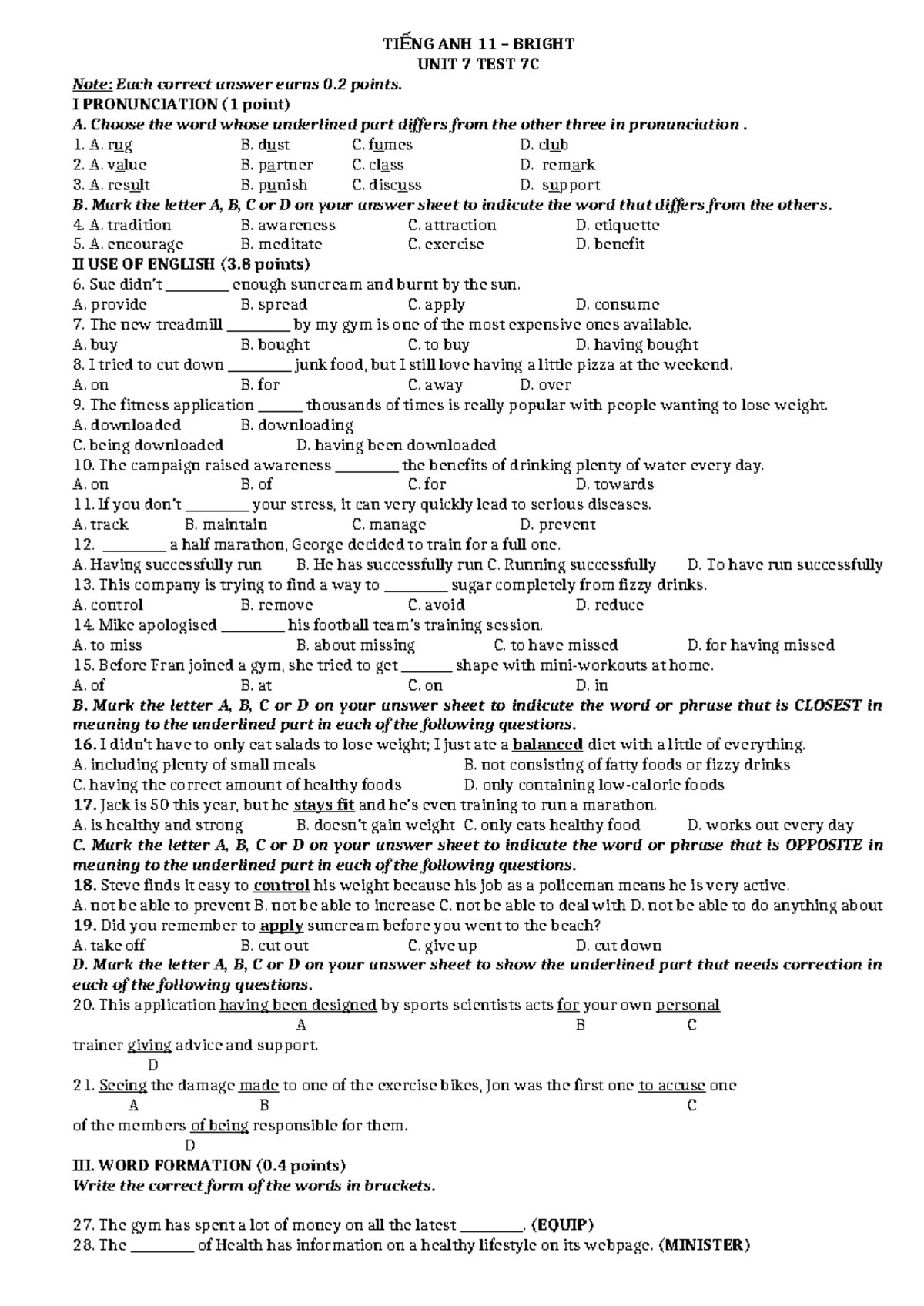TIẾNG ANH 11 BRIGHT UNIT 7C TEST REVIEW AND PRACTICE - Studocu