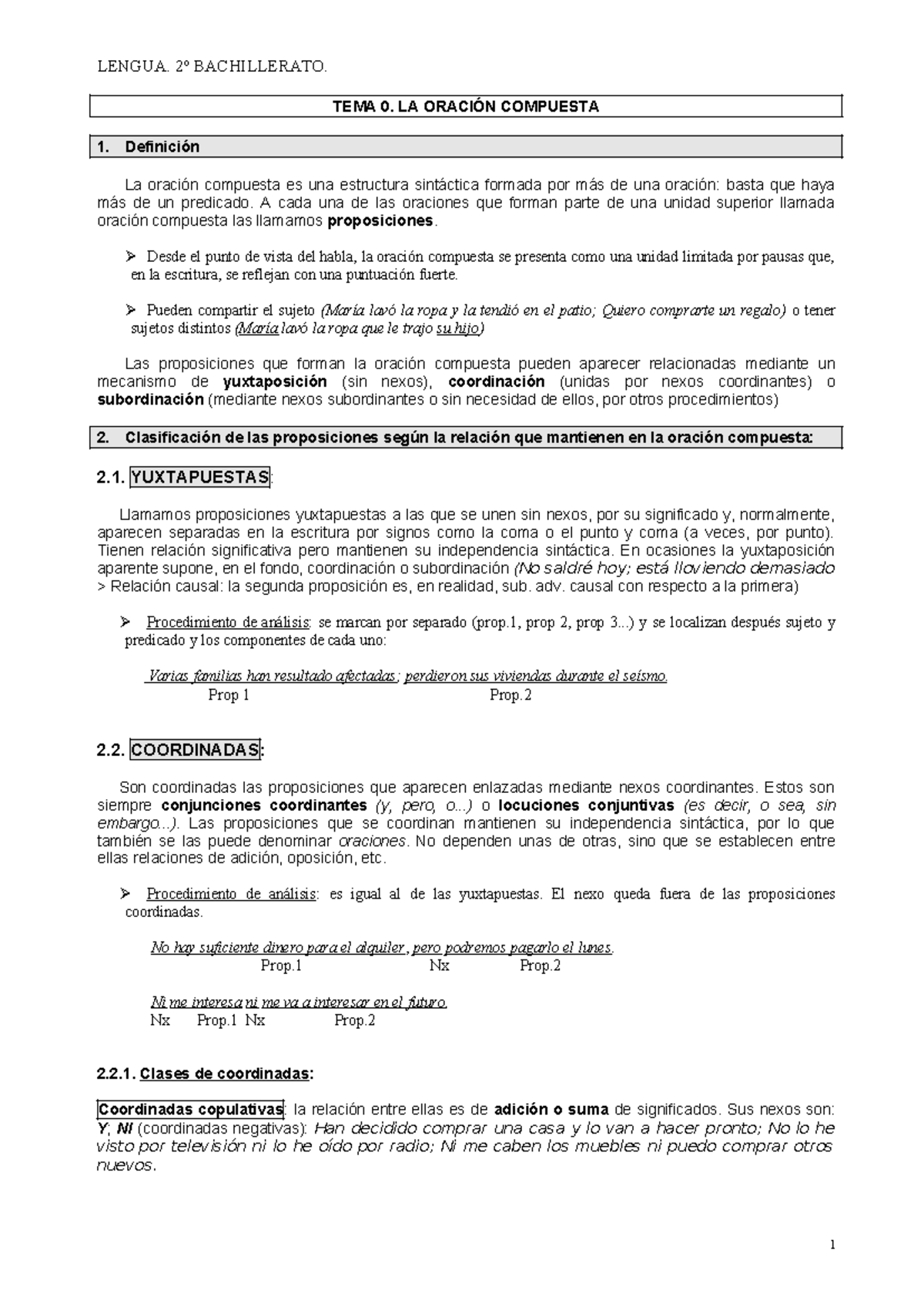 LENGUA. 2º BACHILLERATO. TEMA 0: LA ORACIÓN COMPUESTA Y SUS ...