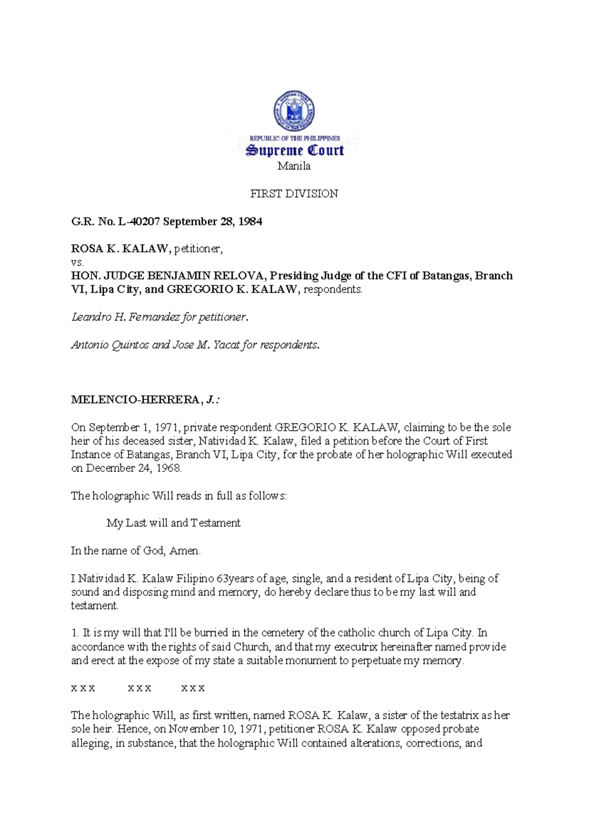 G.R. No. L-40207: Kalaw vs. Relova - Holographic Will Probate Case ...