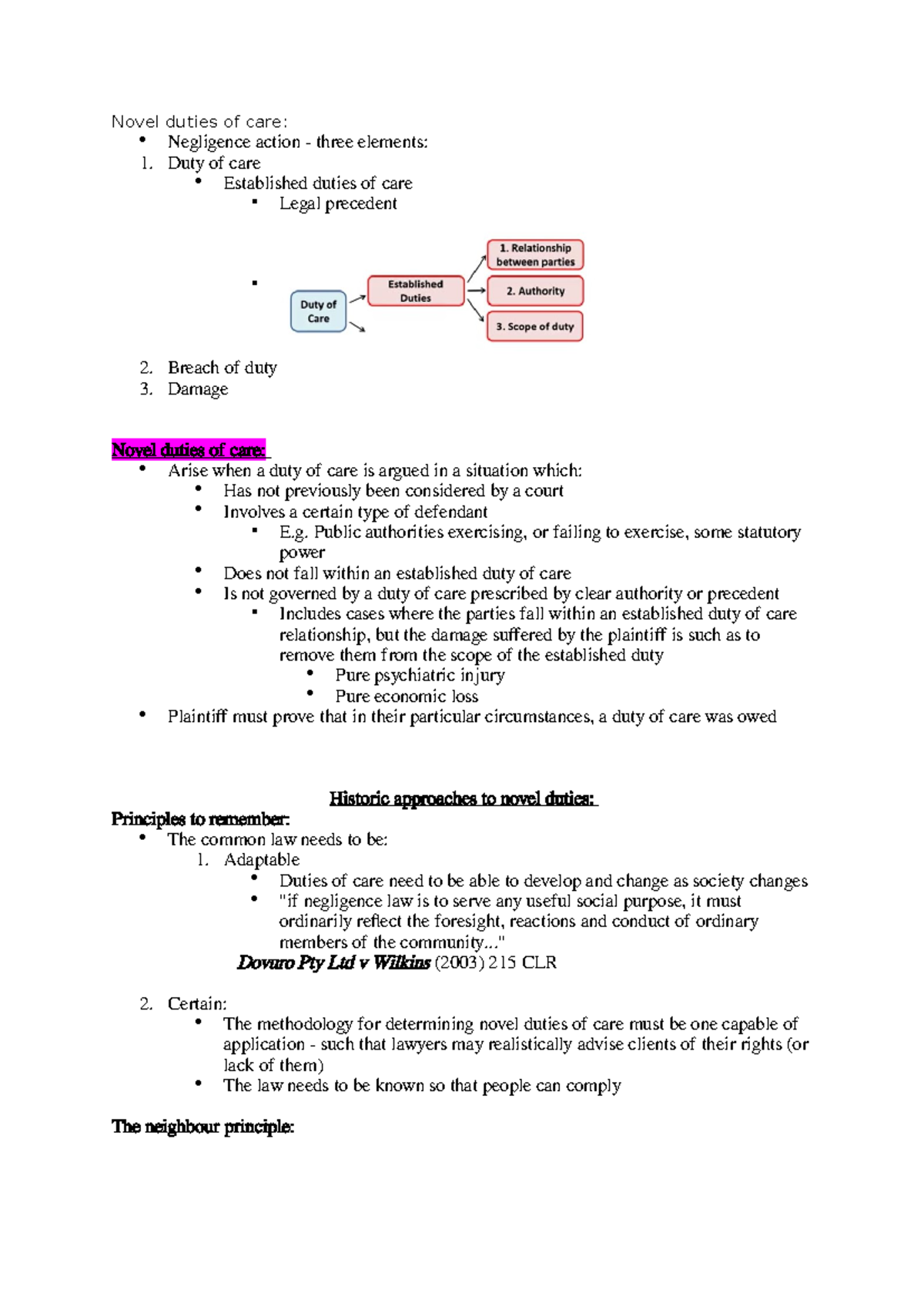 Torts Notes: Exam Review on Novel Duties of Care and Negligence - Studocu