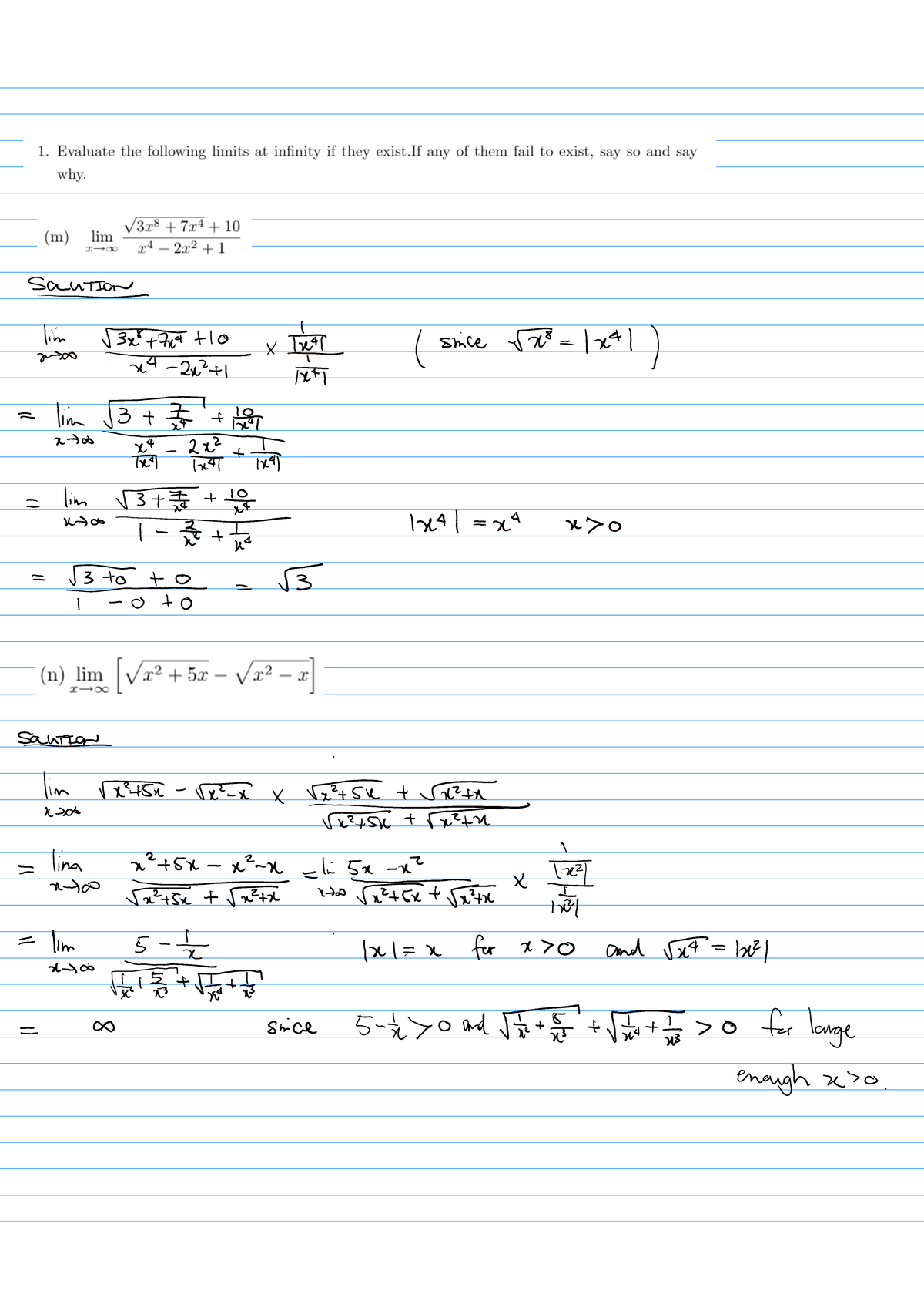 New Tut 4: Solutions and Hints for Evaluating Limits at Infinity - Studocu