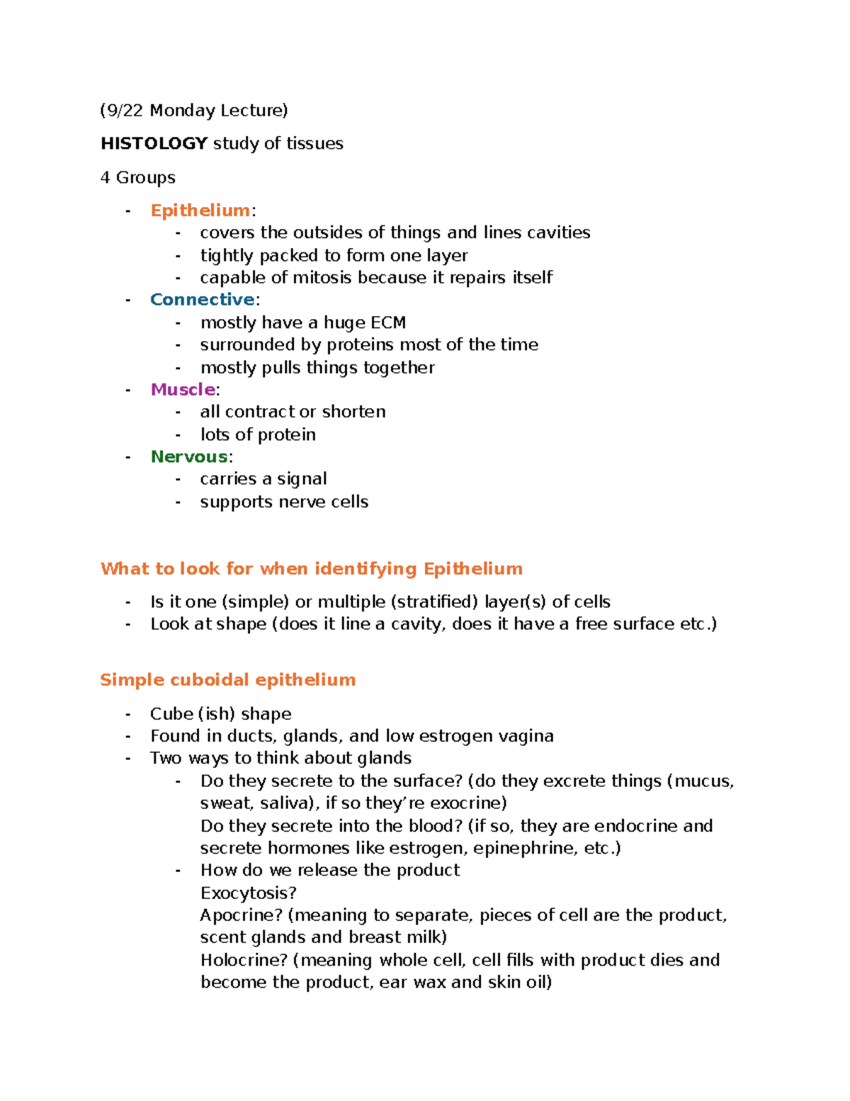 HIST 101: Histology Lecture Notes on Tissue Types and Functions - Studocu