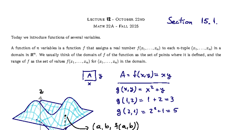 Lecture 11: Functions of Several Variables - Math 32A Fall 2025 - Studocu