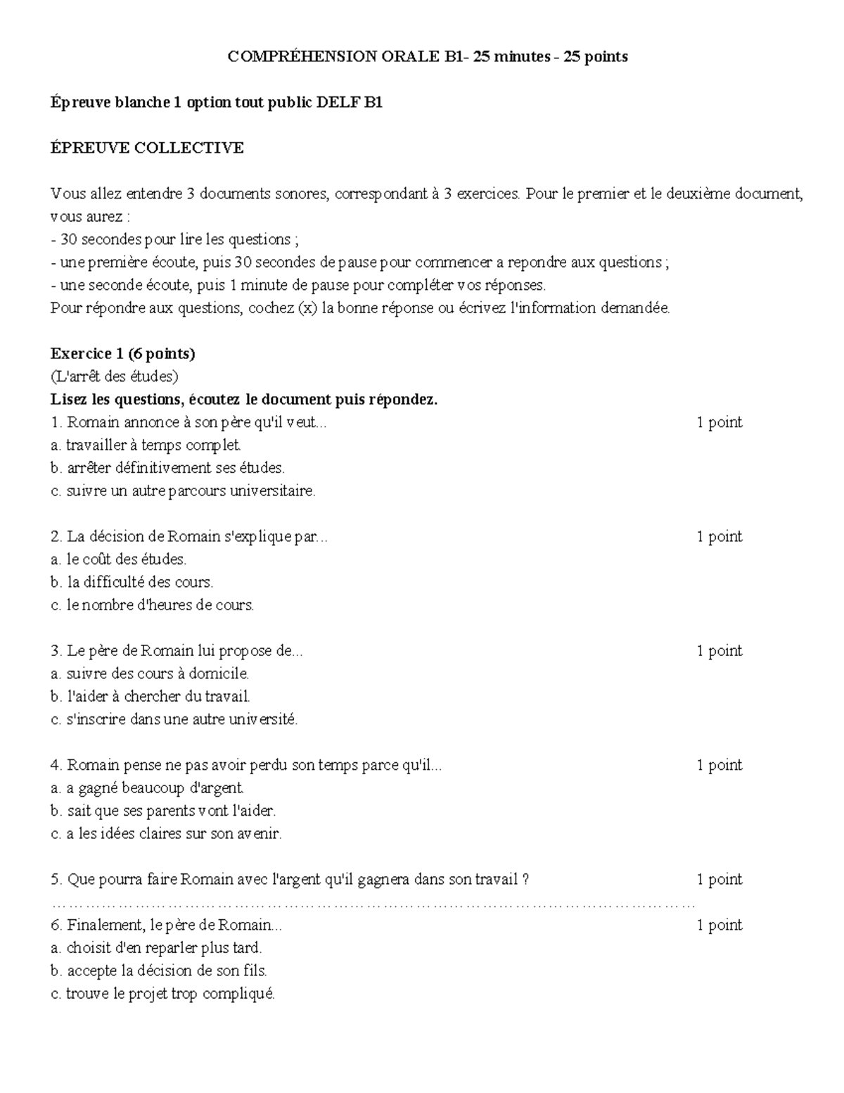 DELF B1 - Épreuve Blanche 1: Compréhension Orale 25 min - Studocu