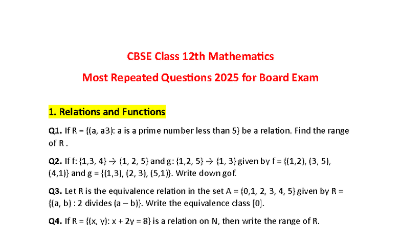 CBSE Class 12th Mathematics Most Repeated Questions for Board Exam 2025 ...