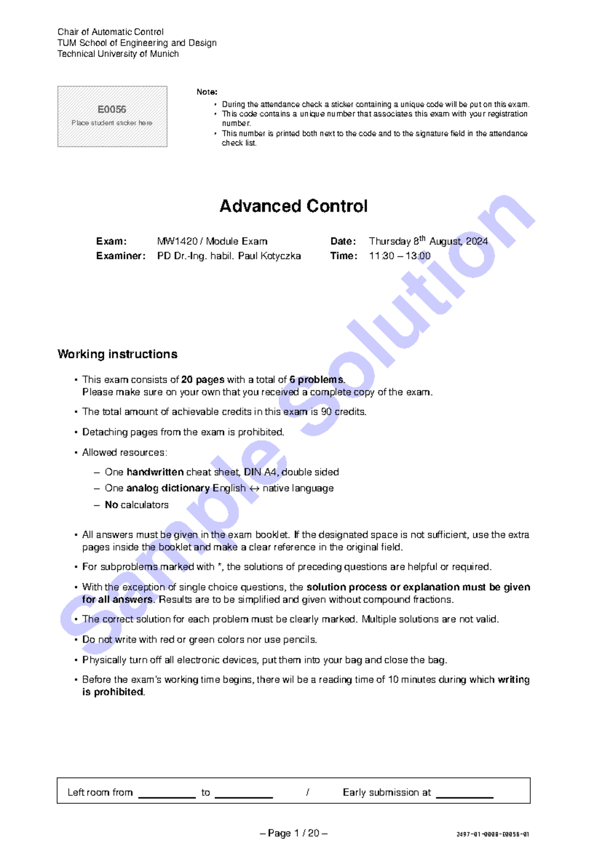Advanced Control SS 2024 Exam Sample Solution - Studocu