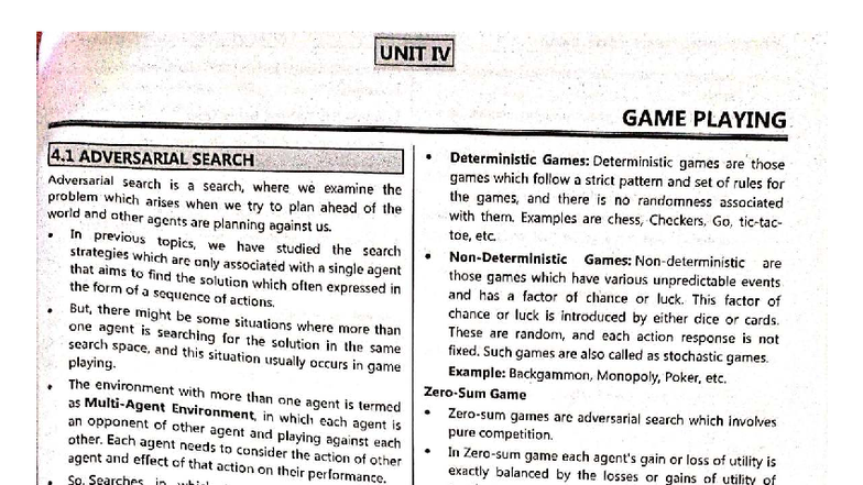 AI UNIT IV - Game Playing and Adversarial Search Concepts - Studocu
