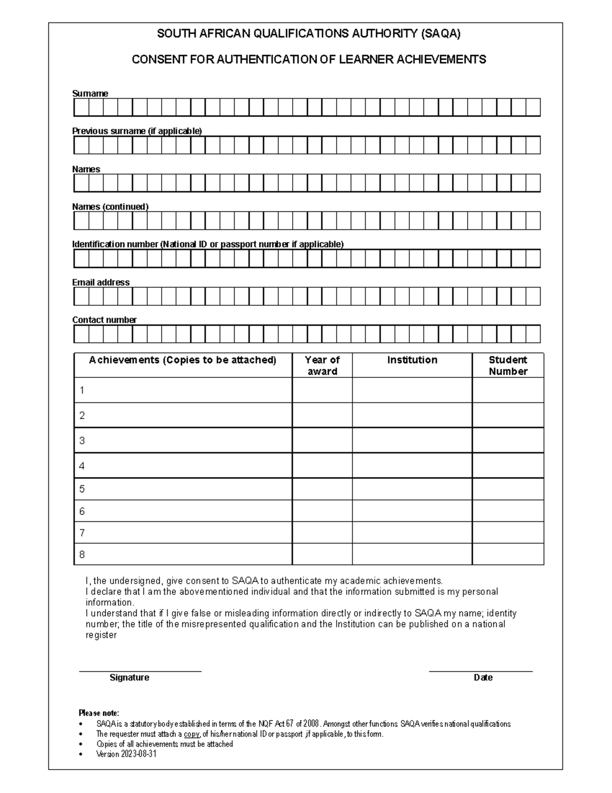 SAQA Verification Consent Form for Qualification Authentication - Studocu