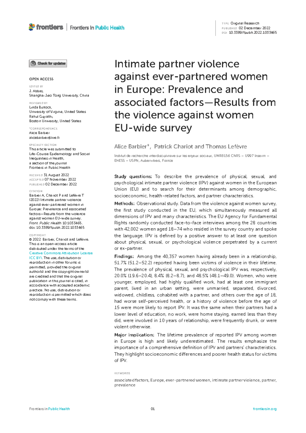 Intimate Partner Violence in Europe: Prevalence & Factors (Fpubh-10 ...