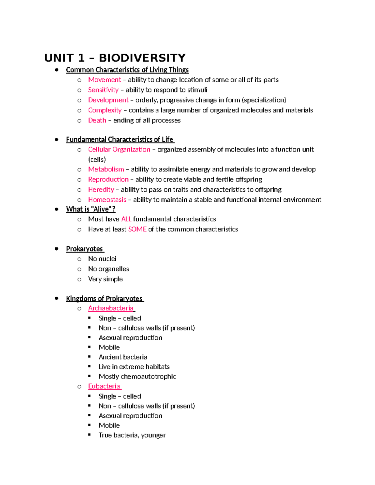 Biology 101: Unit 1 Biodiversity Test Review Notes - Studocu