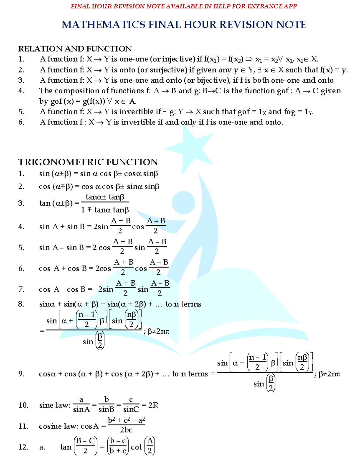 Math-formulas - ssj - MATHEMATICS FINAL HOUR REVISION NOTE RELATION AND ...