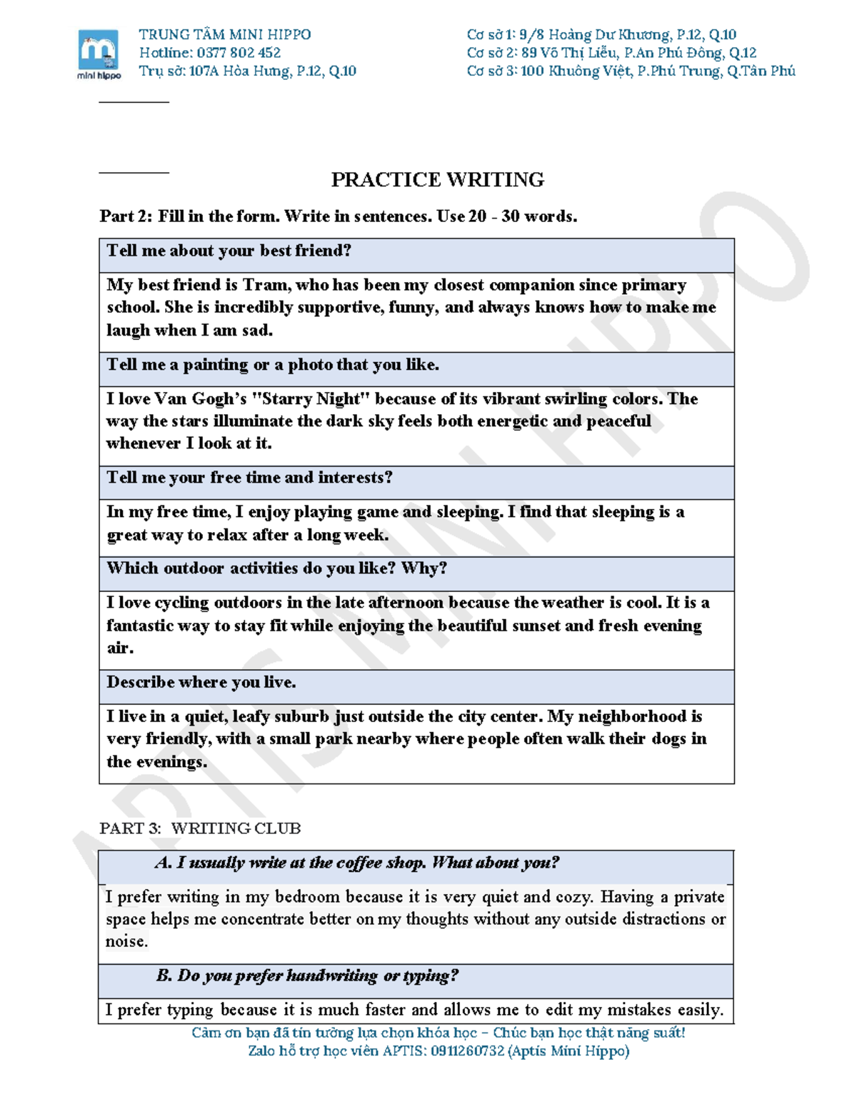 TRUNG TÂM MINI HIPPO: Practice Writing Part 2 & 3 - Studocu
