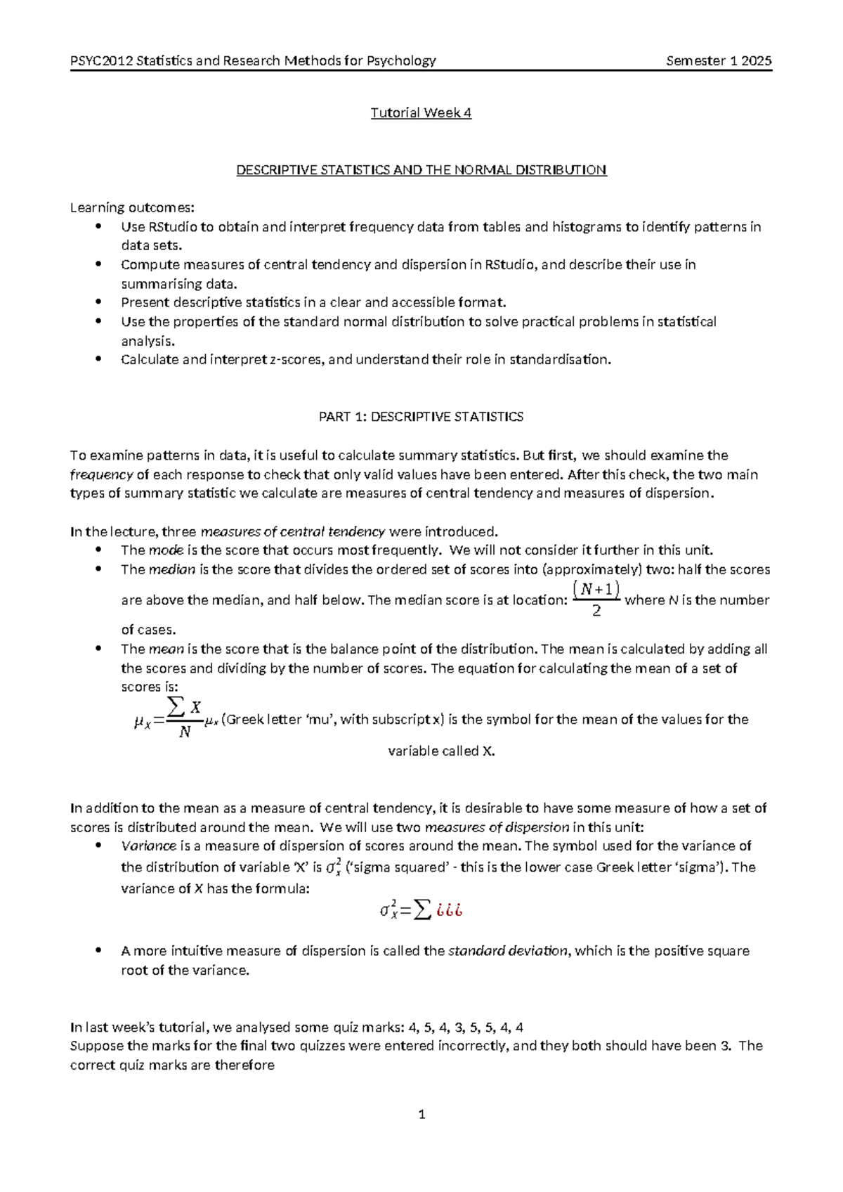 PSYC2012 Tutorial Week 4 2025 1 - Tutorial Week 4 DESCRIPTIVE ...
