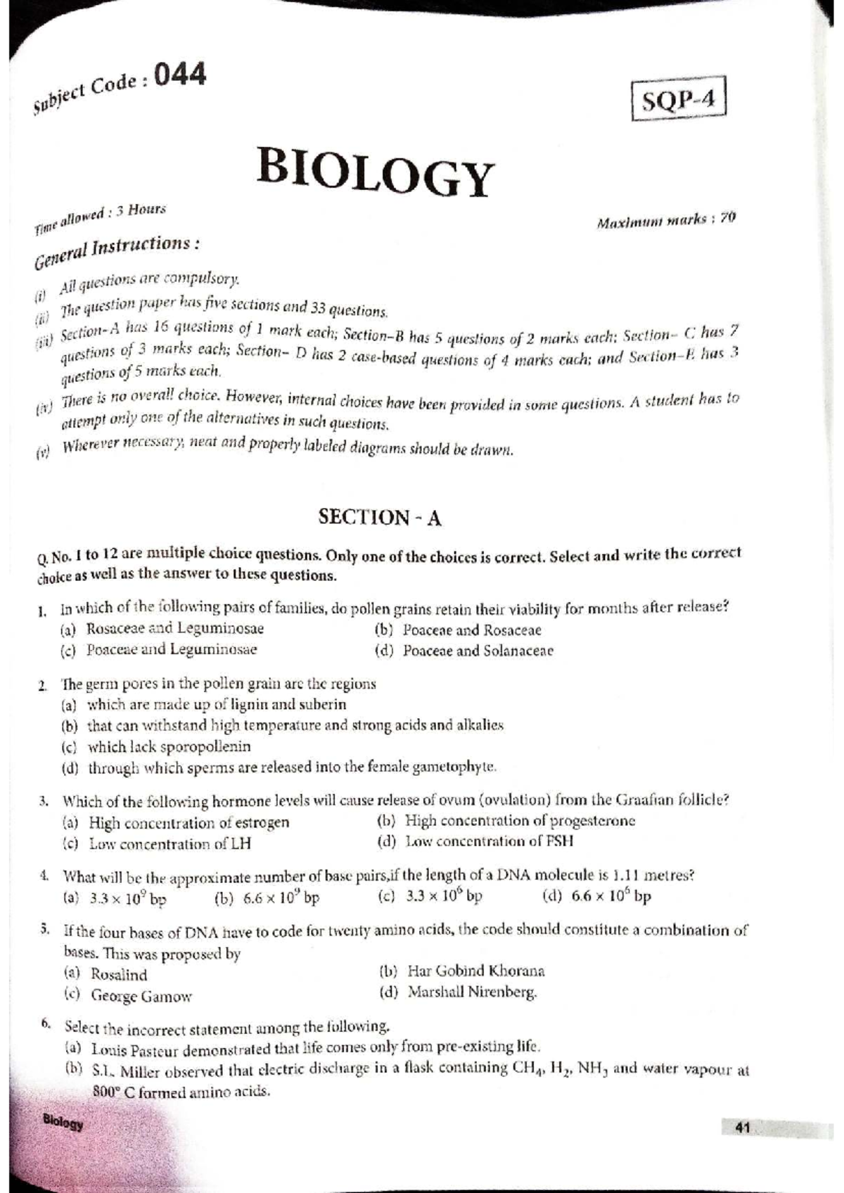 Bio SQP 044 - Comprehensive Biology Exam Paper with 33 Questions - Studocu