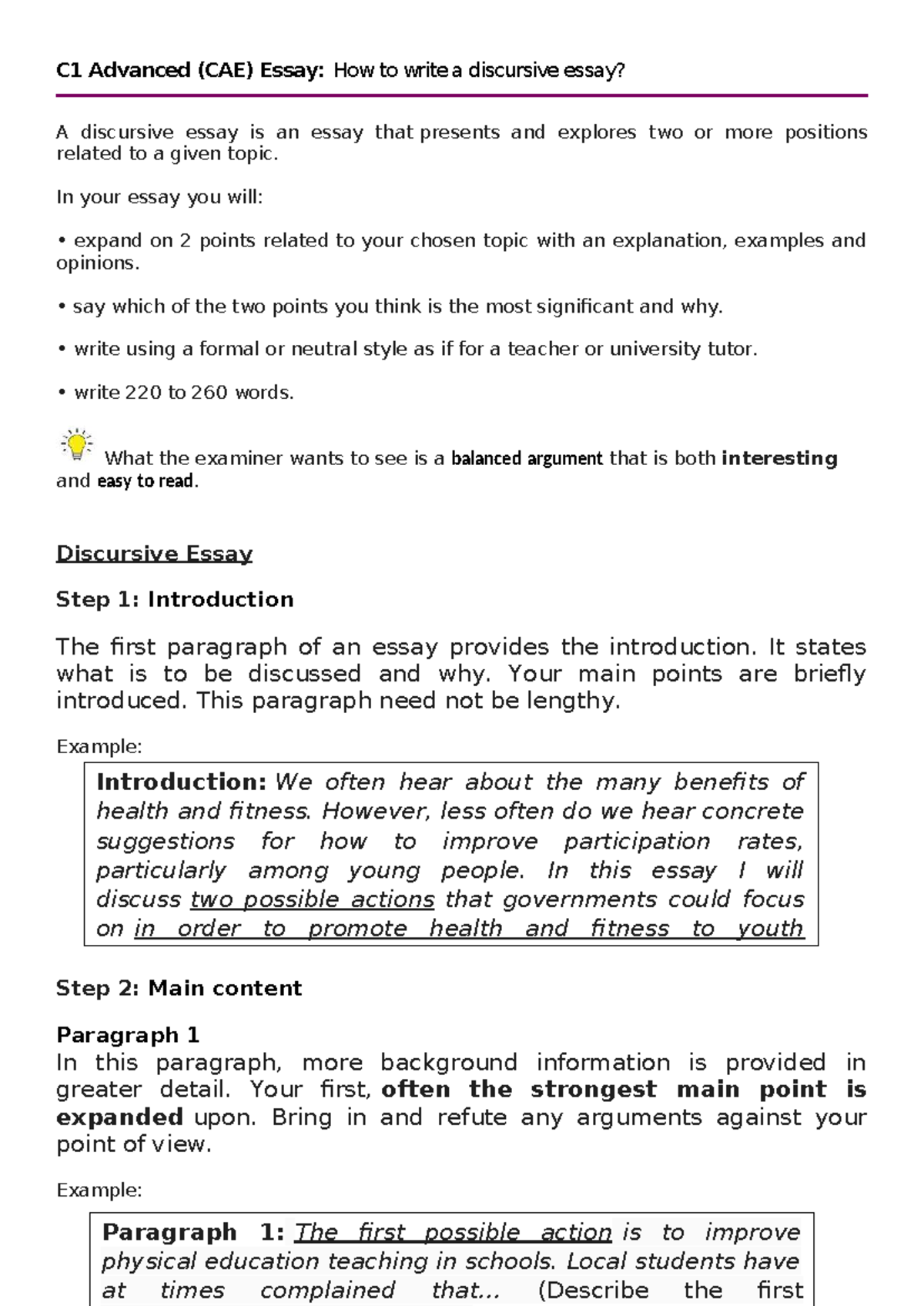 C1 Advanced (CAE) Essay Guide: Writing a Discursive Essay - Studocu
