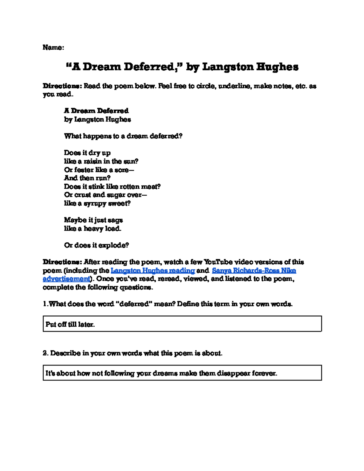 Langston Hughes: A Dream Deferred Analysis Sheet - Studocu