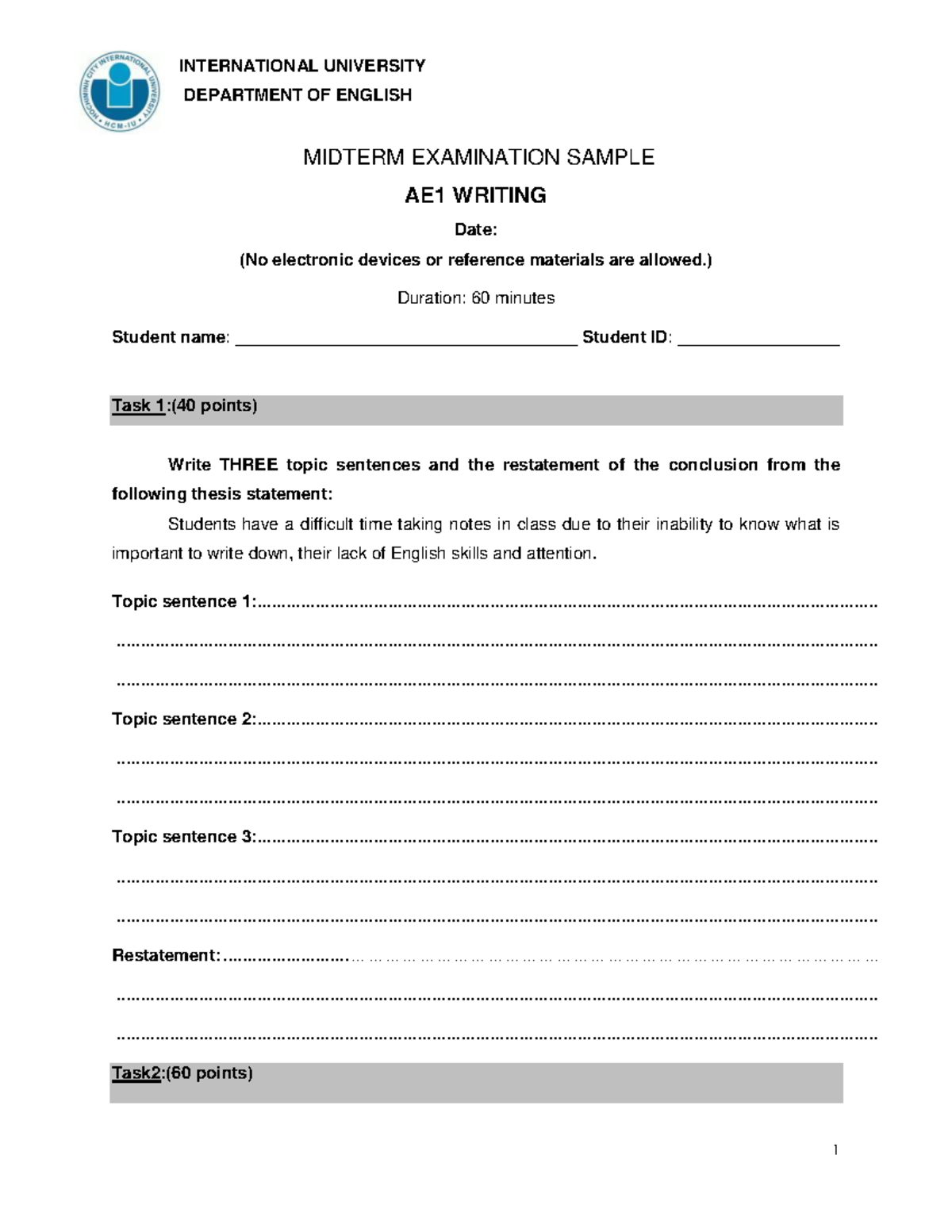 AE1 Midterm Writing Exam Sample: Topic Sentences & Essay Task - Studocu