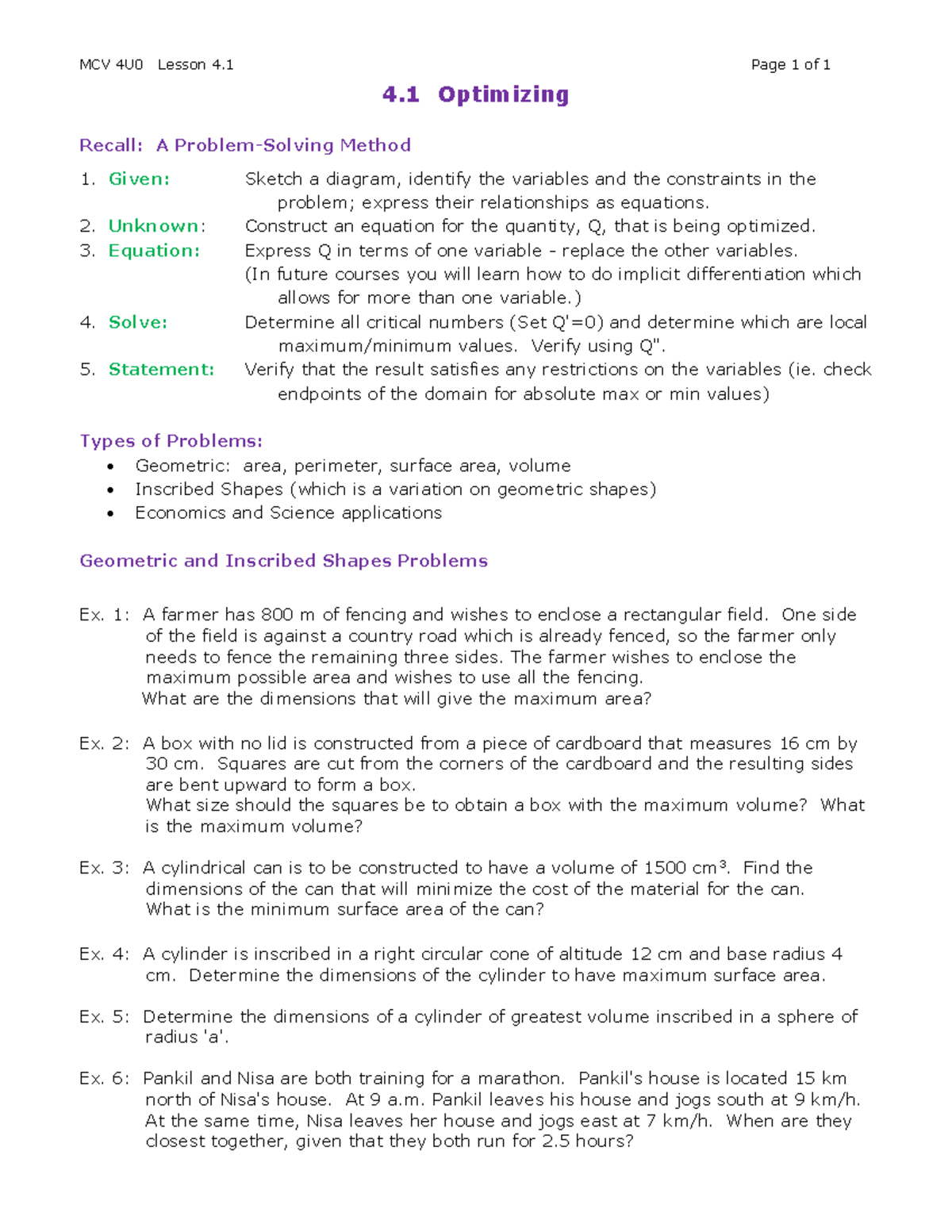 MCV 4U0 Lesson 4.1: Optimizing Geometric Problems and Applications ...