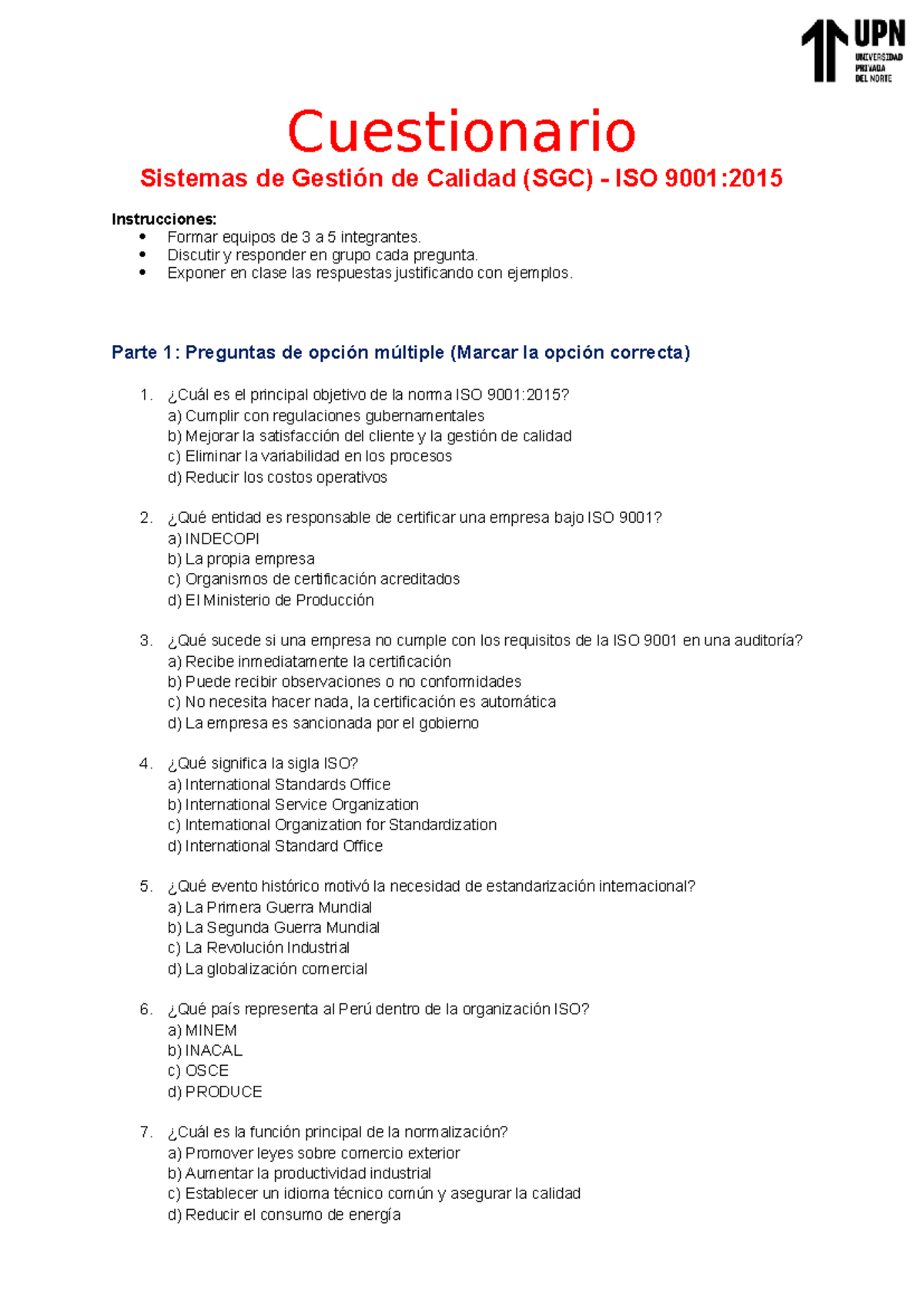 Cuestionario de Comprobación - SGC ISO 9001:2015 para Clase - Studocu