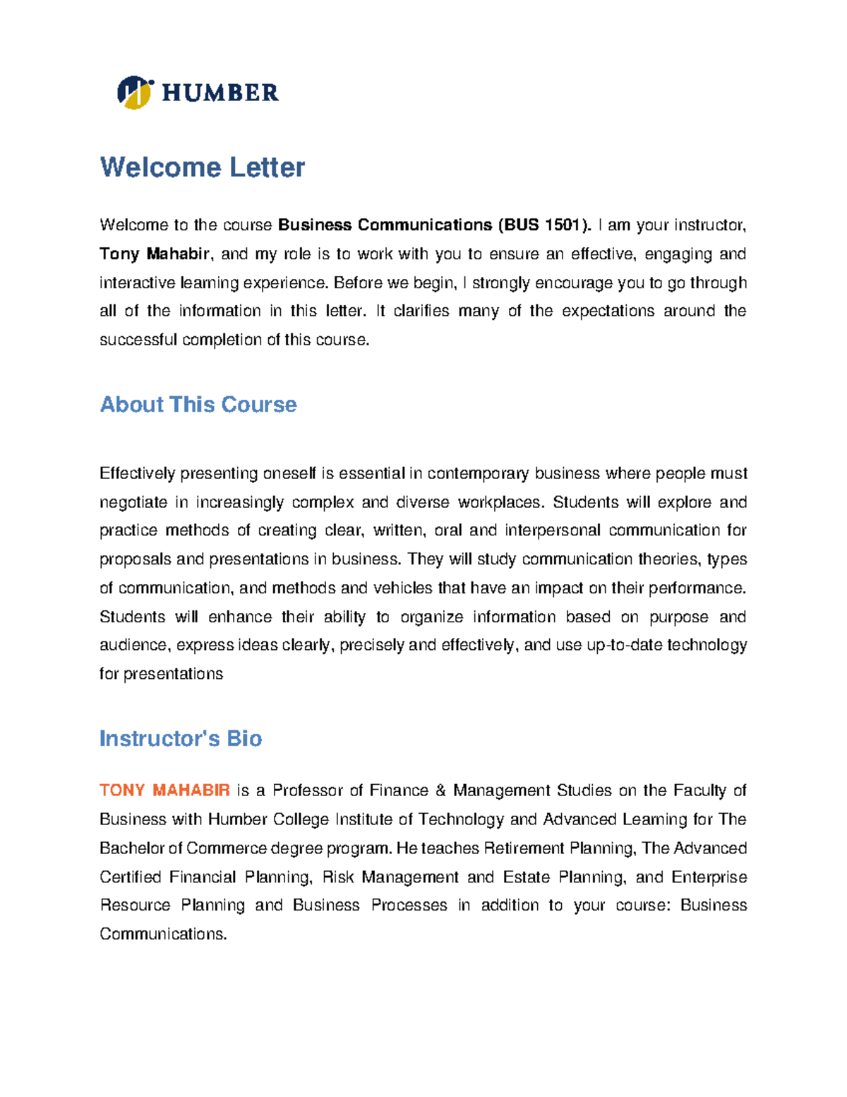 Welcome- Letter-BUS 1501 - Welcome Letter Welcome to the course ...