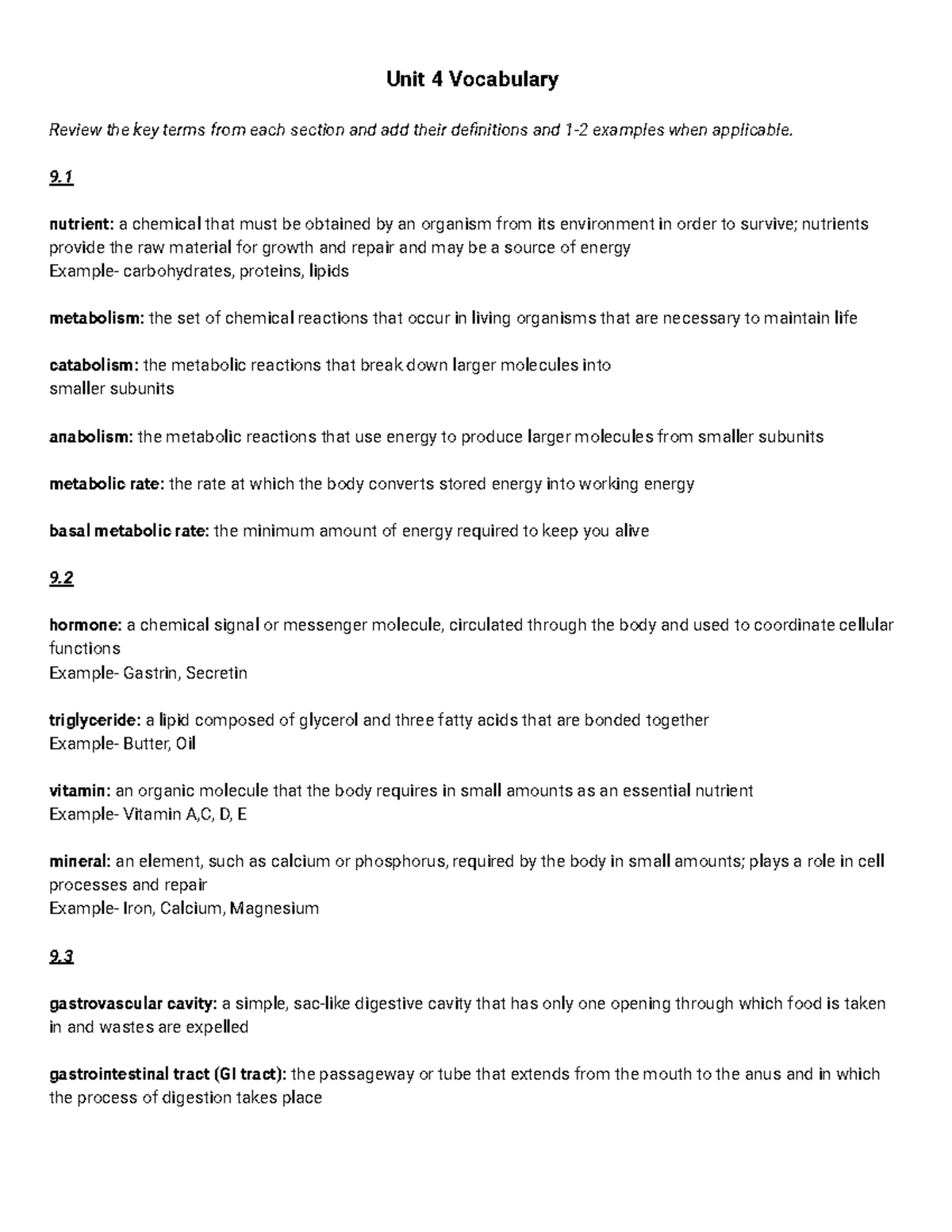 Biology Vocabulary List for Unit 4: Key Terms and Definitions - Studocu