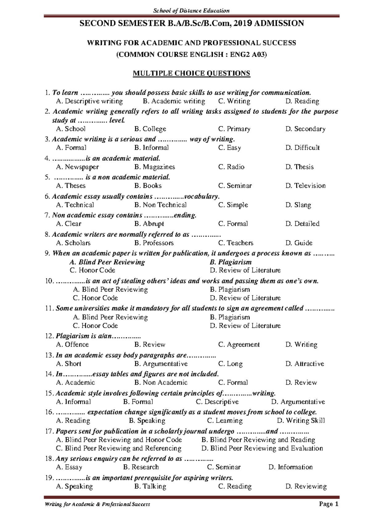Writing for Academic Success - MCQ Set for ENG2 A03 (2019 Admn) - Studocu