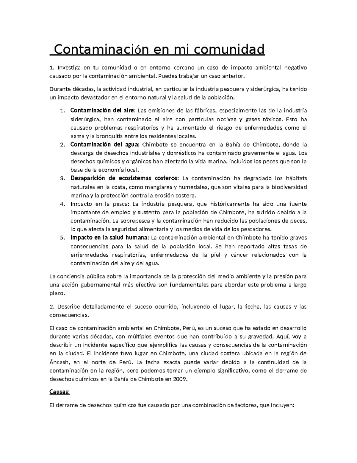 Estudio de Contaminación Ambiental en Chimbote, Perú: Caso 2009 - Studocu